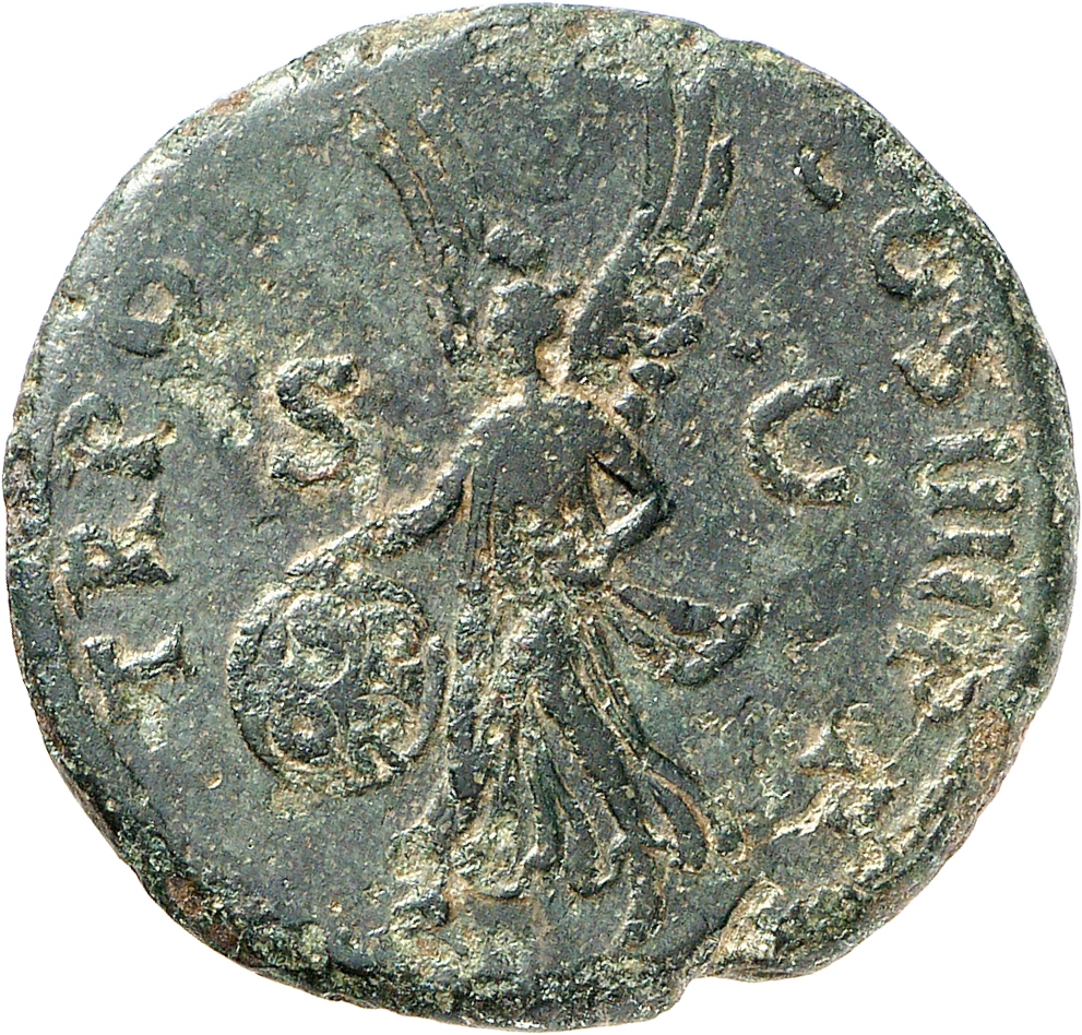 RIC II Trajan 434 Trajan reverse, Victory, draped, advancing left, holding shield inscribed SPQR in right hand