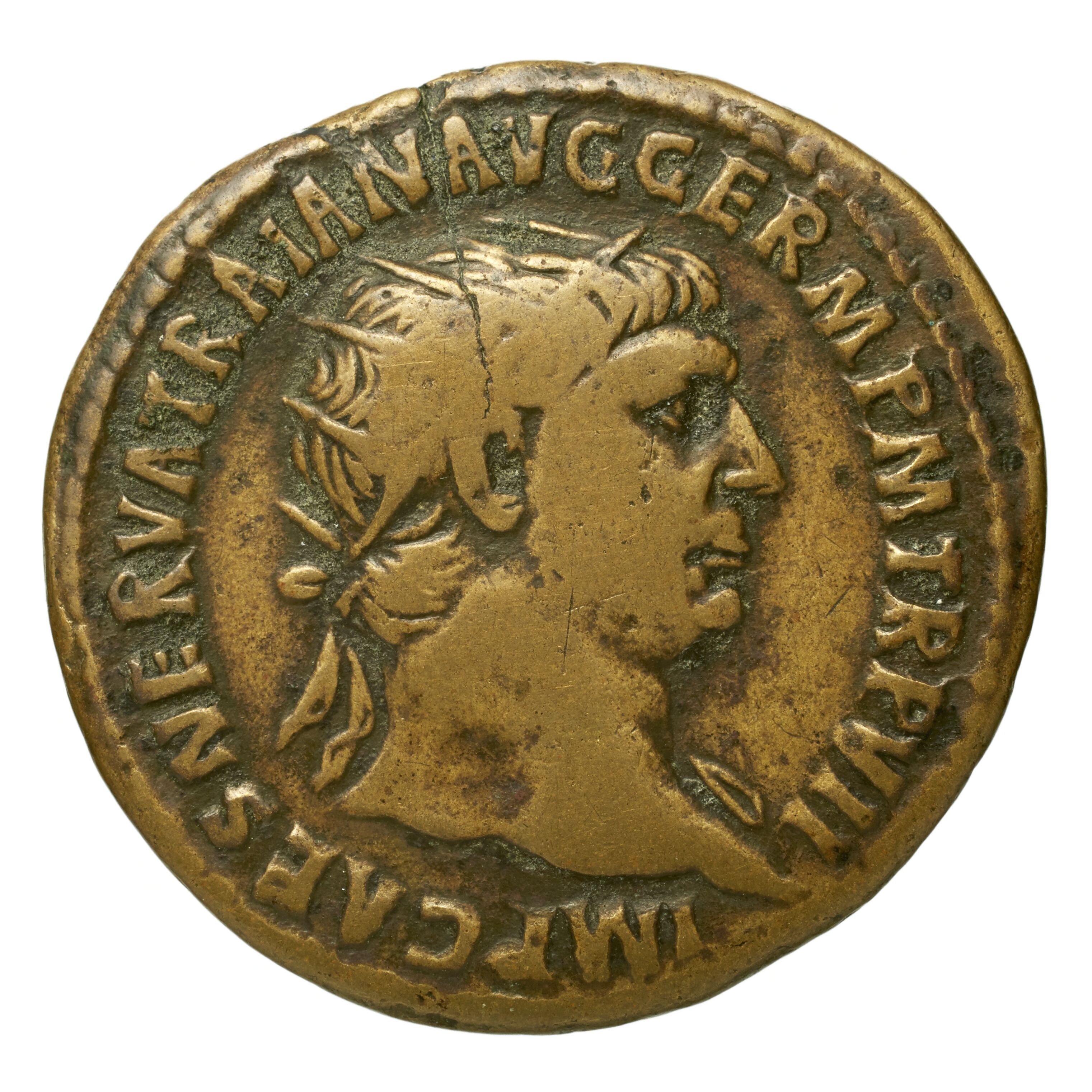 RIC II Trajan 444 Trajan obverse, Head of Trajan, radiate, right