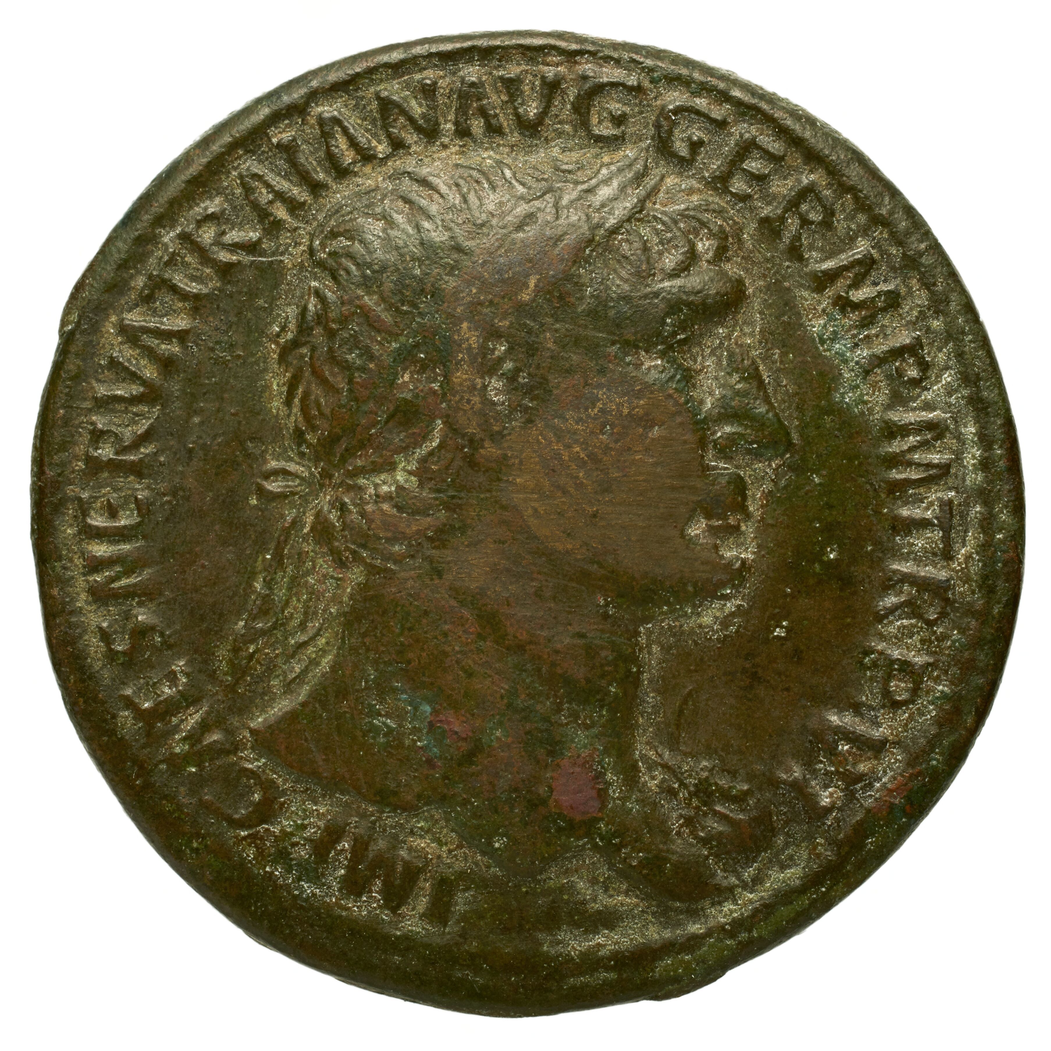 RIC II Trajan 445 Trajan obverse, Head of Trajan, laureate, right
