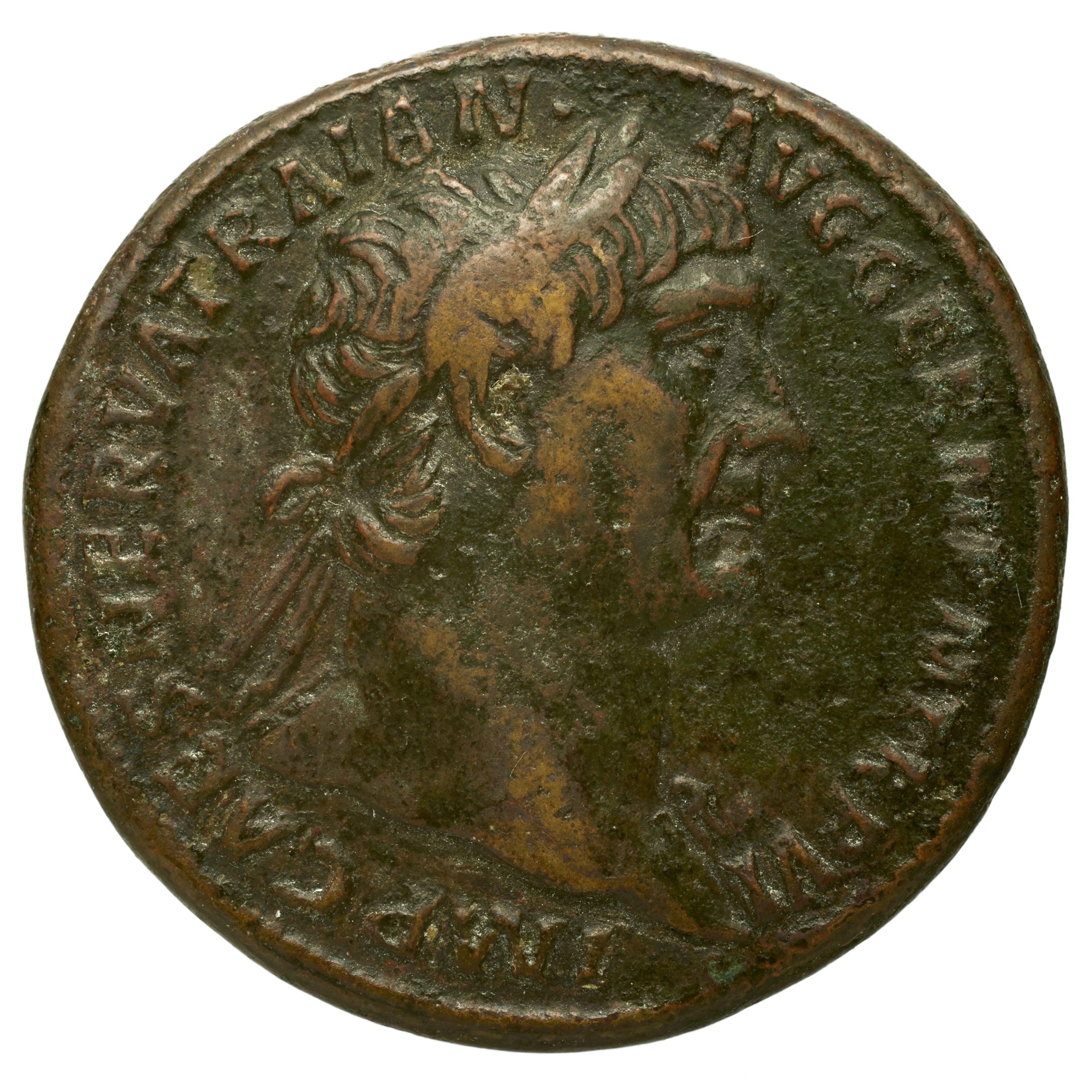 RIC II Trajan 446 Trajan obverse, Head of Trajan, laureate, right