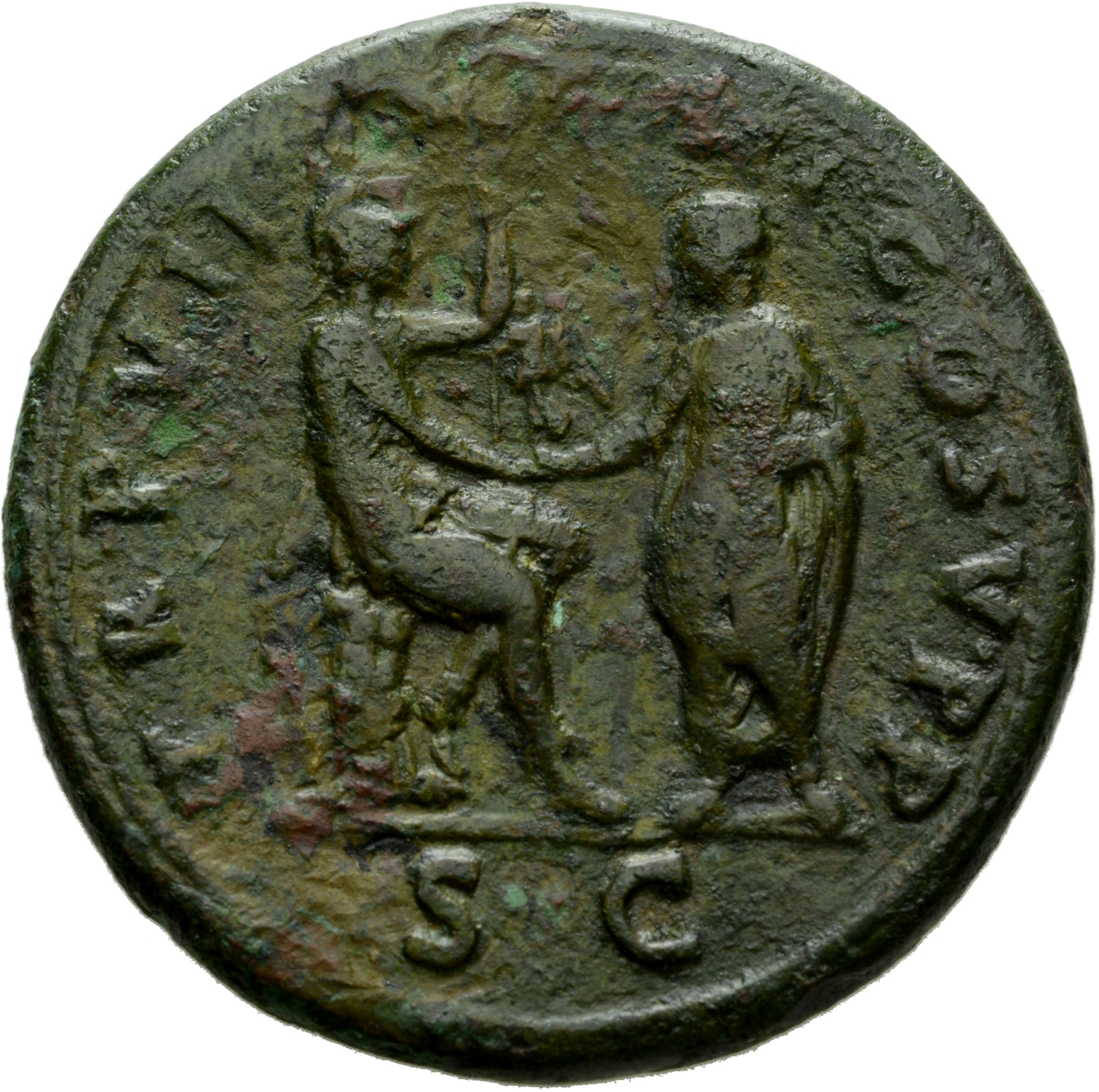 Trajan reverse — Roma seated right, accepting victory from Trajan