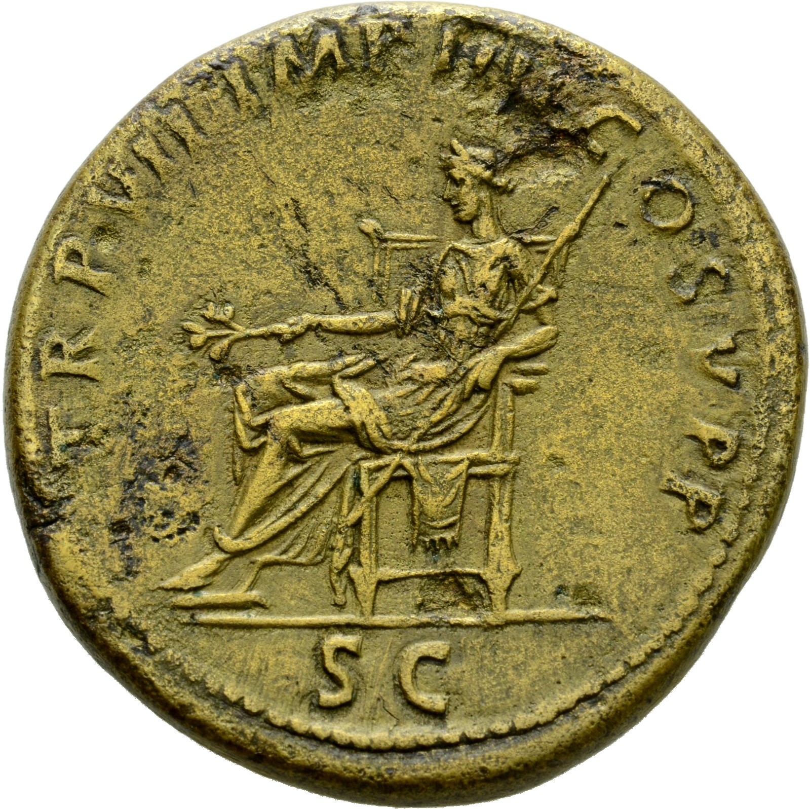 RIC II Trajan 455 Trajan reverse, Pax, draped, seated left on throne, holding branch in extended right hand and sceptre in...