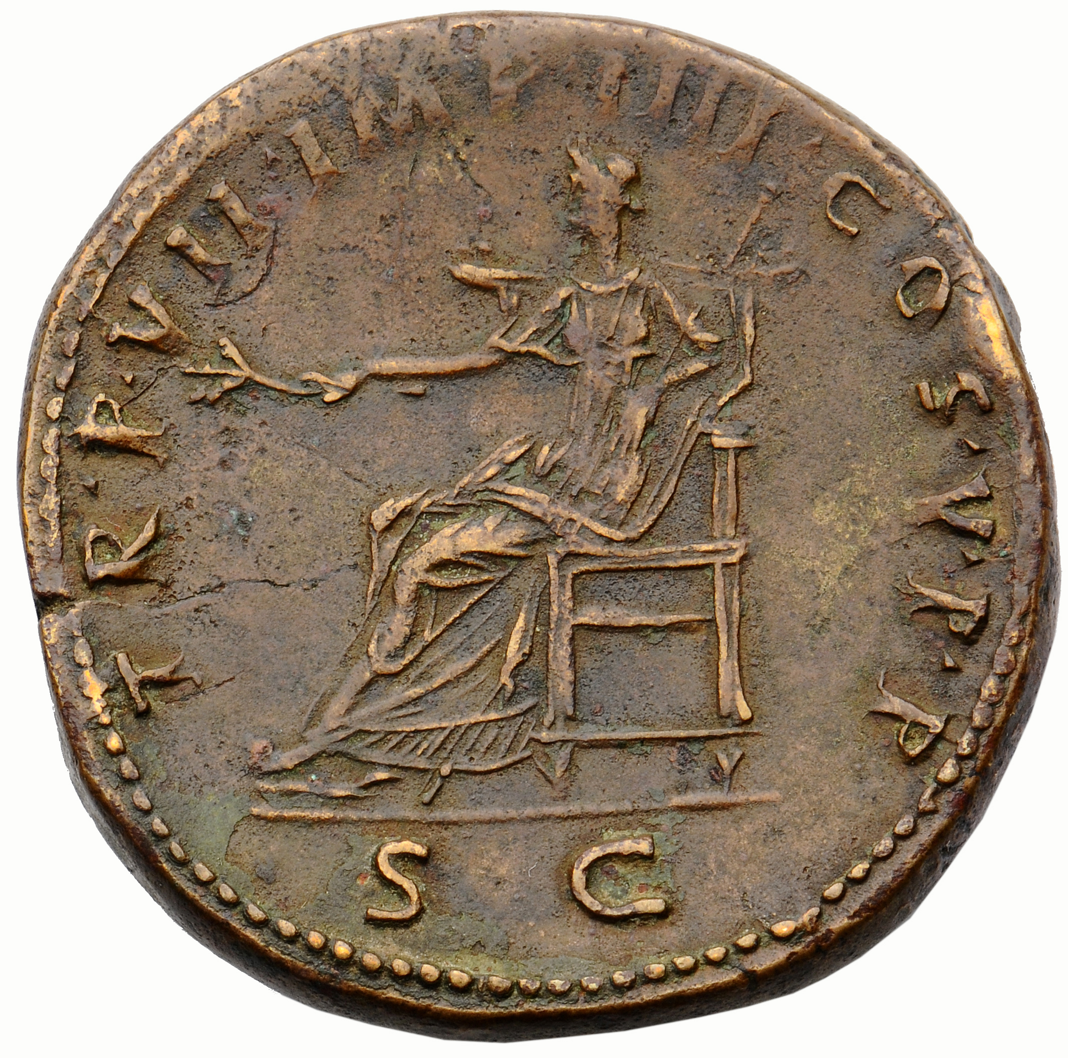 Trajan reverse — Pax, draped, seated left on throne, holding branch in extended right hand and sceptre in left