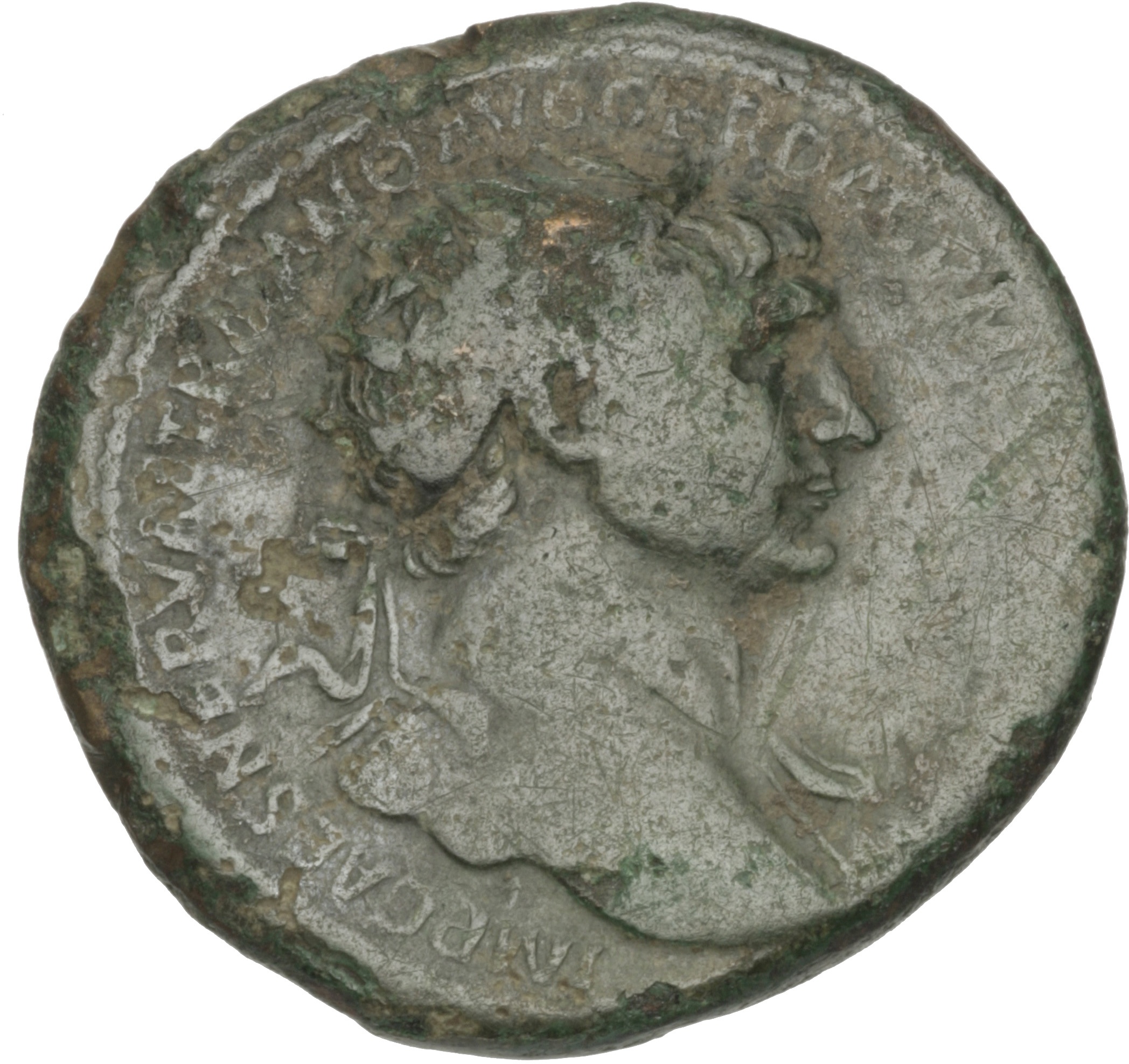 RIC II Trajan 459 (as) Trajan obverse, Bust of Trajan, laureate, draped on left shoulder, right