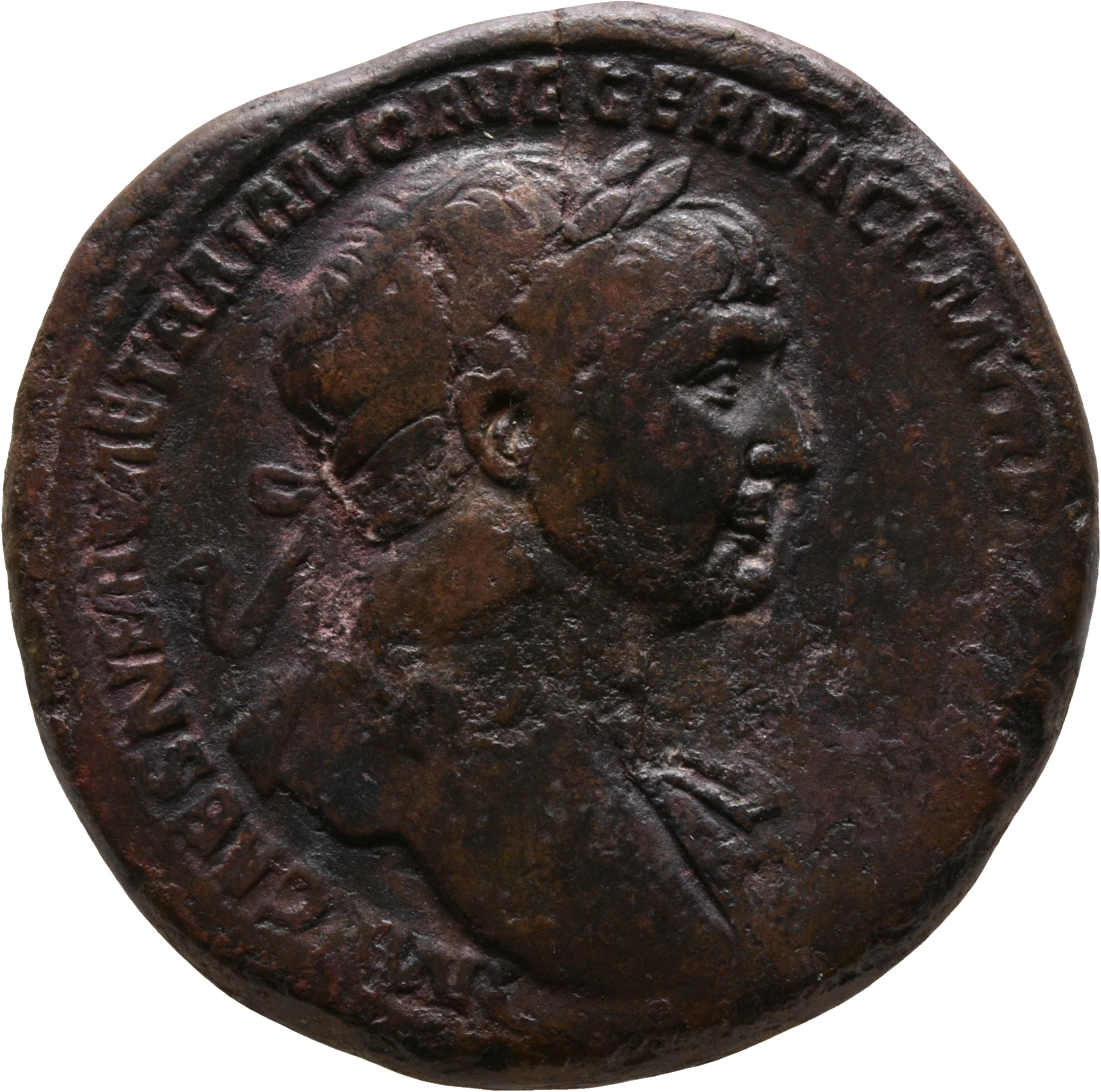 RIC II Trajan 459 (sestertius) Trajan obverse, Bust of Trajan, laureate, draped on left shoulder, right
