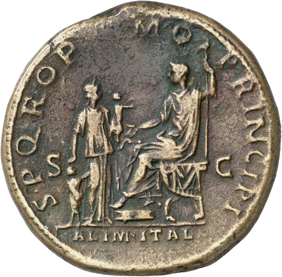 RIC II Trajan 461 (sestertius) Trajan reverse, Trajan seated left on curule chair, holding sceptre; in front, woman holdin...