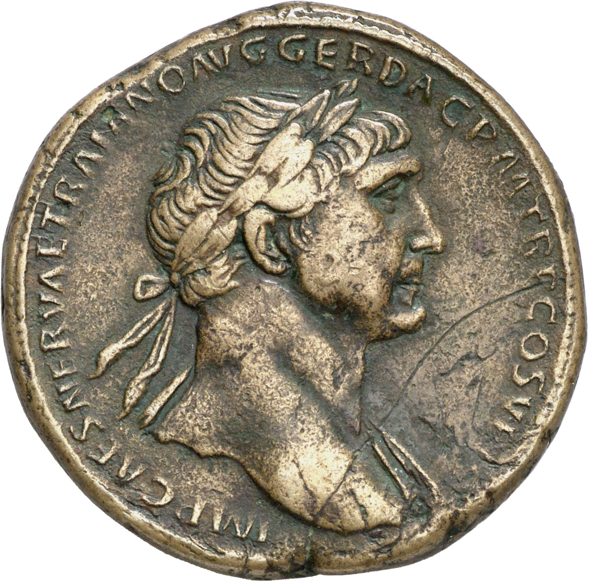 RIC II Trajan 461 (sestertius) Trajan obverse, Bust of Trajan, laureate, draped on left shoulder, right