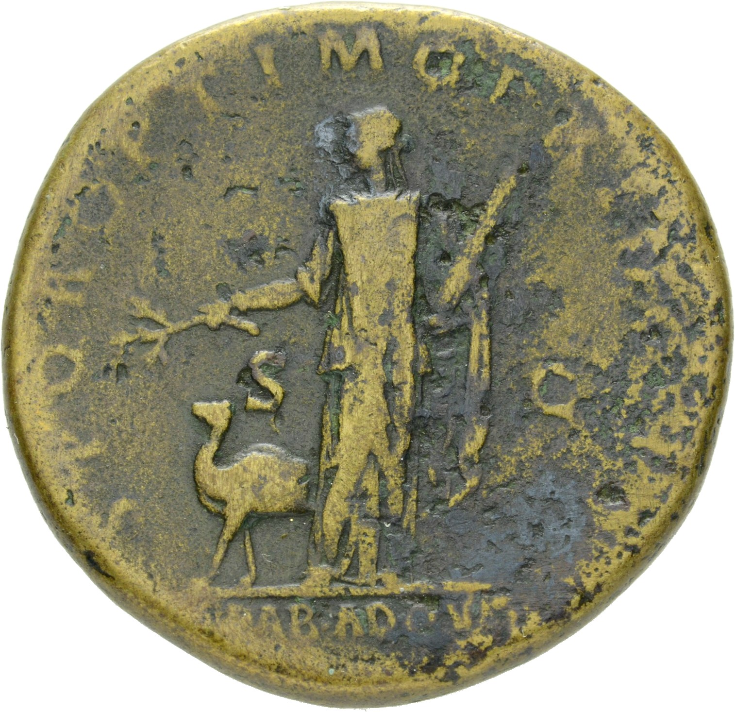 RIC II Trajan 466 (sestertius) Trajan reverse, Arabia, draped, standing front, head left, holding branch in right hand ove...