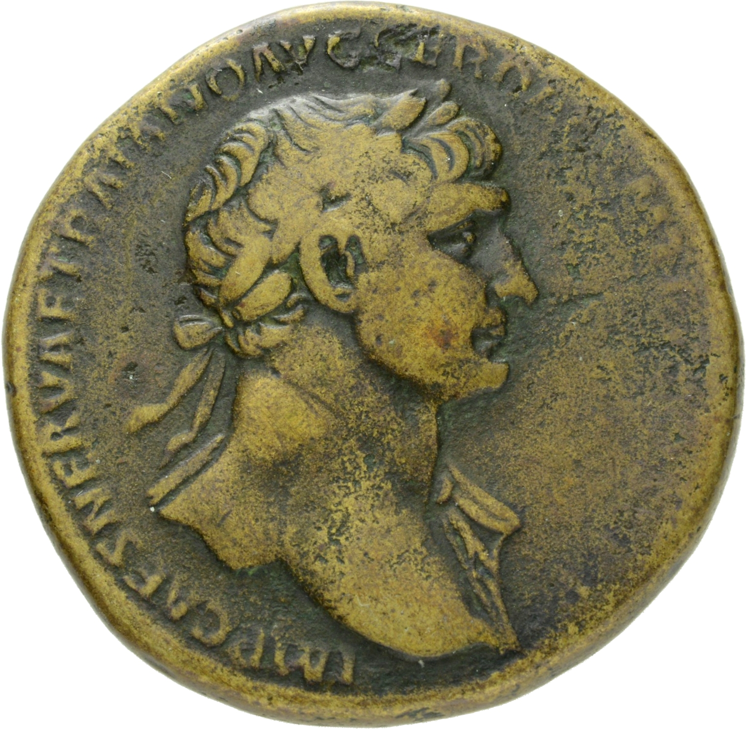 RIC II Trajan 466 (sestertius) Trajan obverse, Bust of Trajan, laureate, draped on left shoulder, right