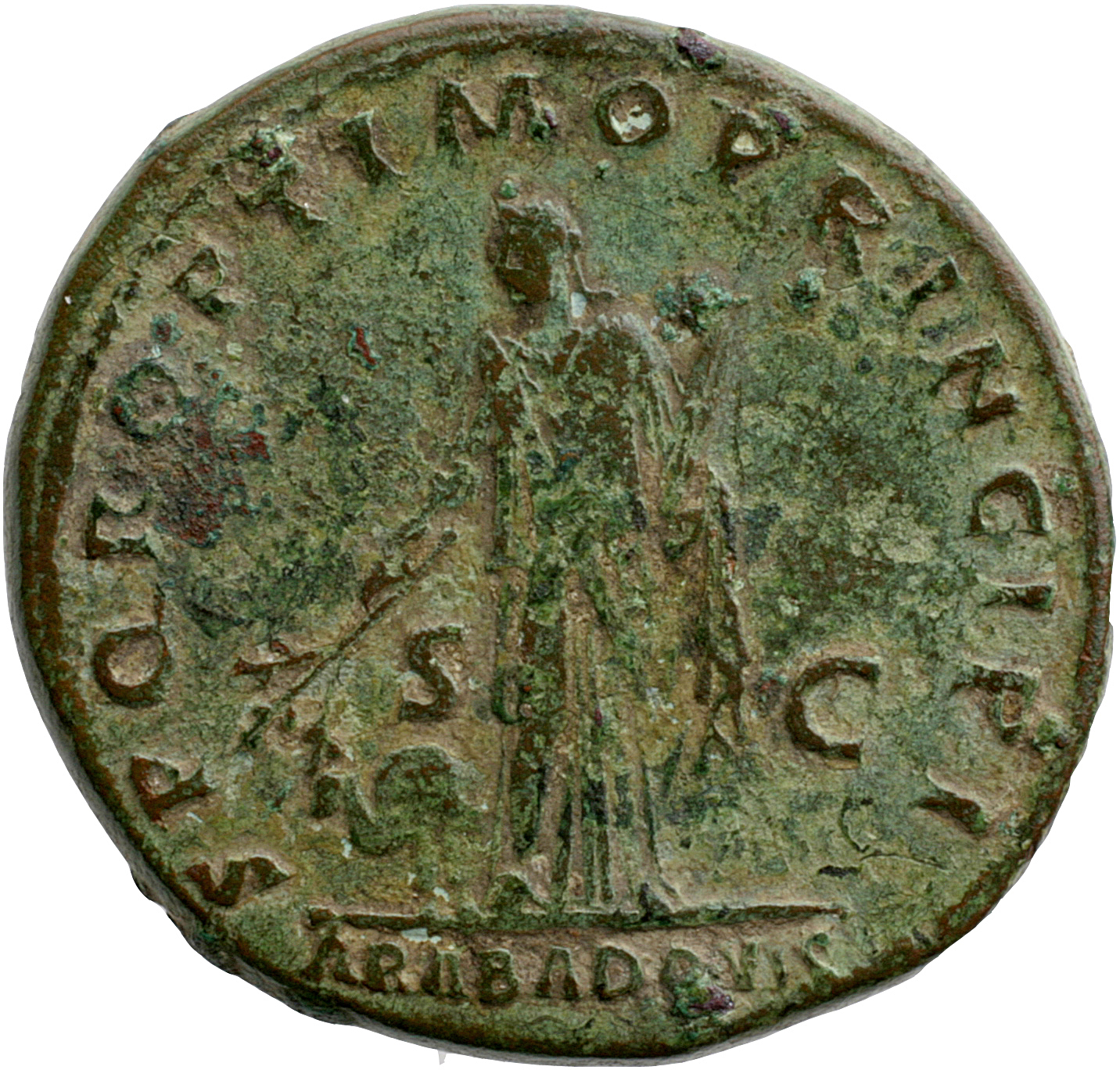 Trajan reverse — Arabia, draped, standing front, head left, holding branch in right hand over camel, left, half hidden behind her and bundle of canes(?) over left arm in left
