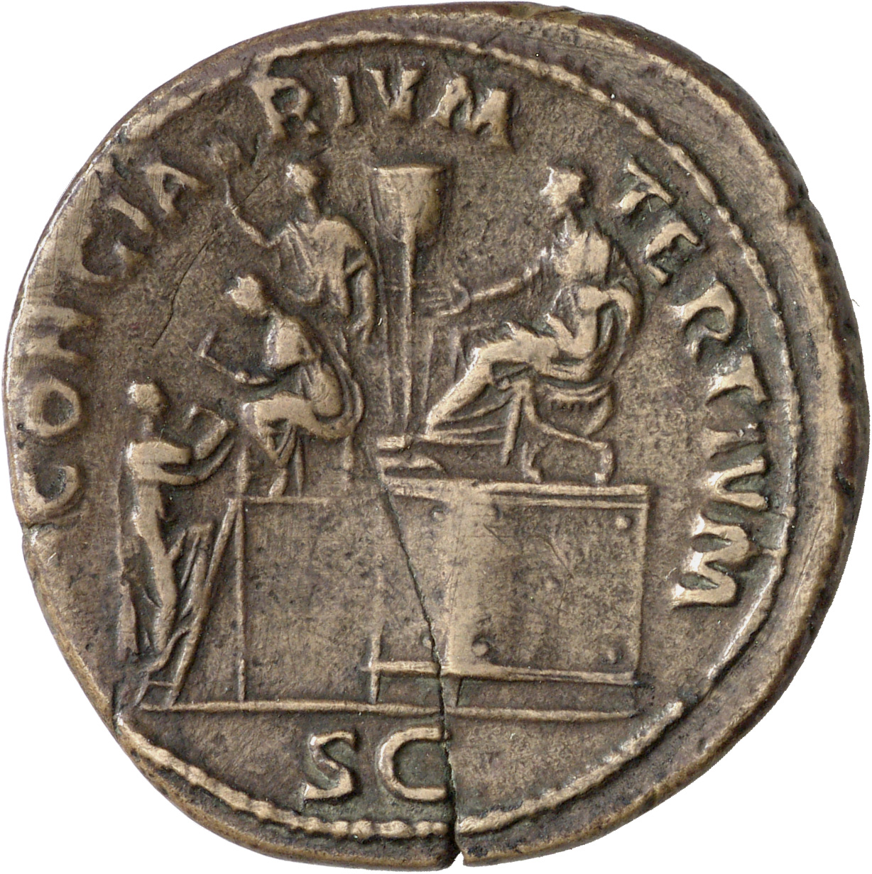 RIC II Trajan 469 Trajan reverse, Trajan, togate, seated left on platform on right, on lower platform in front of him, an ...