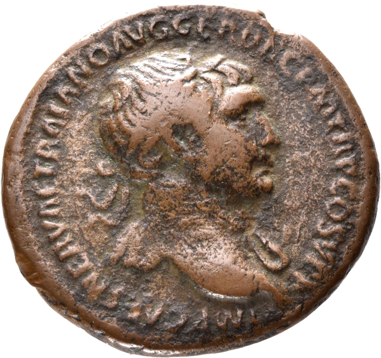 RIC II Trajan 479 (as) Trajan obverse, Bust of Trajan, laureate, draped, right