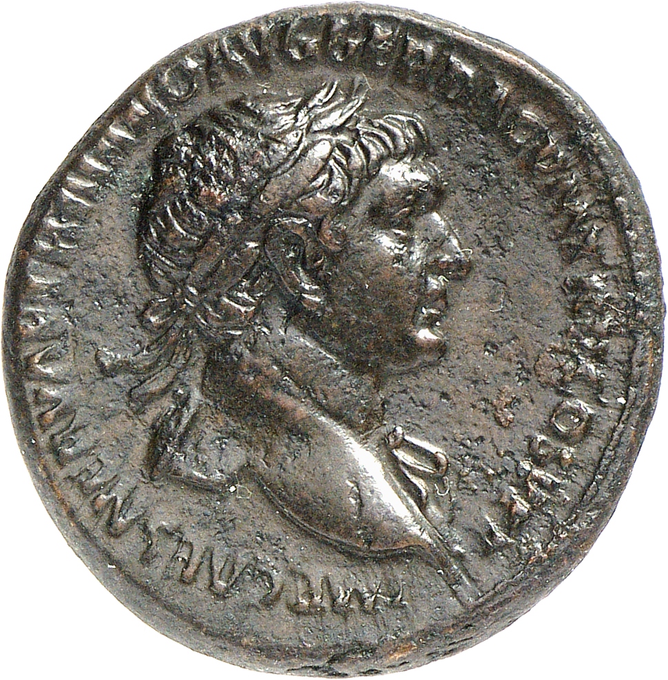 RIC II Trajan 479 (sestertius) Trajan obverse, Bust of Trajan, laureate, draped, right