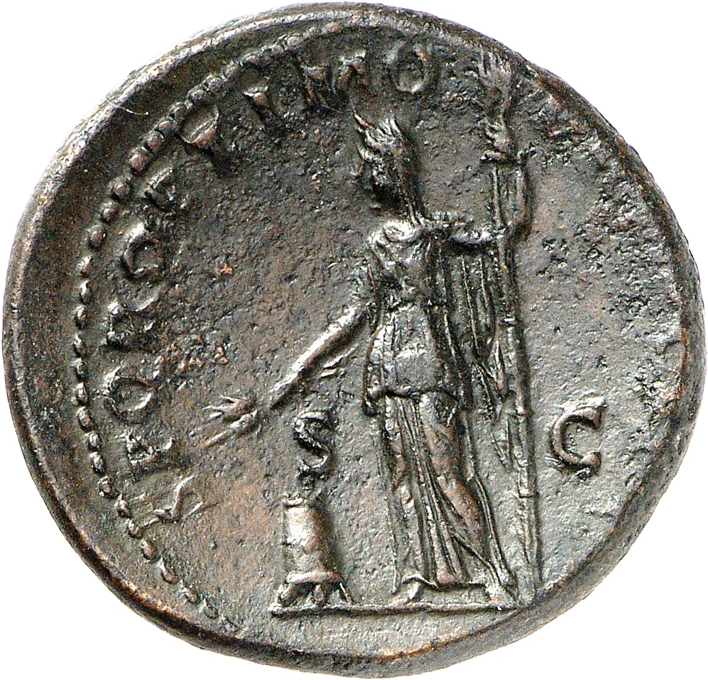 RIC II Trajan 479 (sestertius) Trajan reverse, Ceres, draped, standing left, holding two corn-ears in right hand over modi...