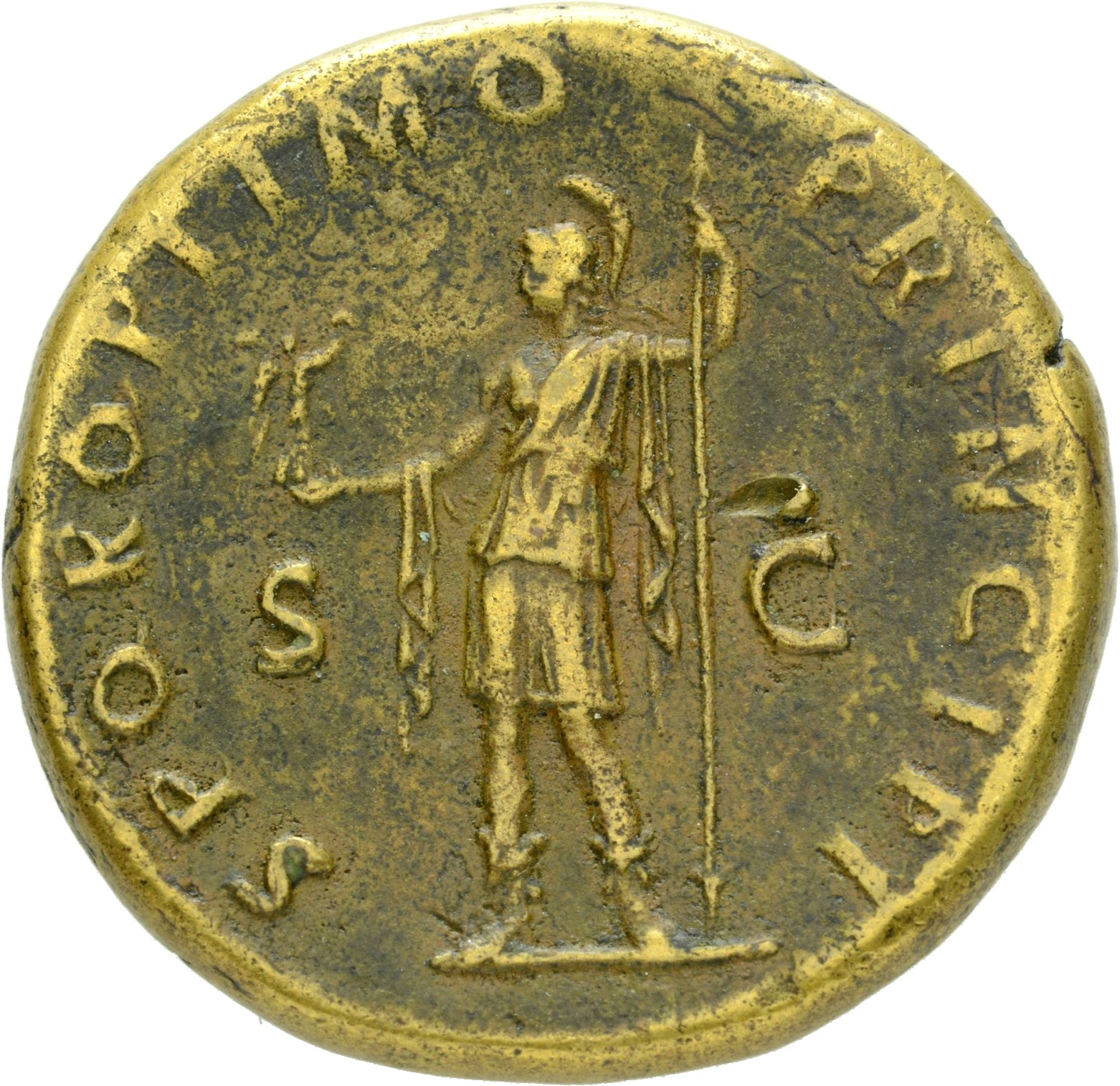 RIC II Trajan 483 (sestertius) Trajan reverse, Roma, helmeted, in military dress, standing left, holding Victory in extend...