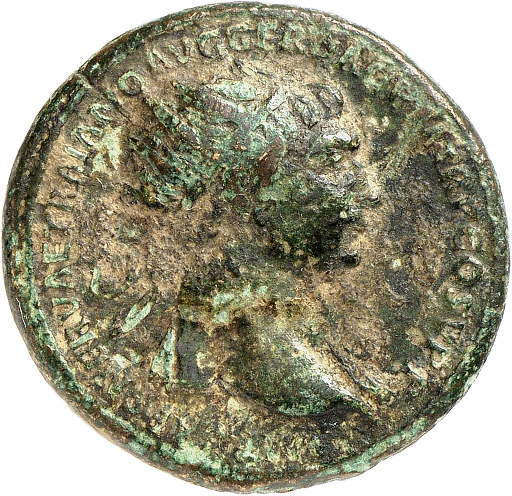 RIC II Trajan 484 Trajan obverse, Bust of Trajan, radiate, draped on left shoulder, right