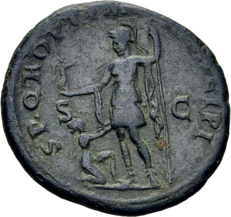 RIC II Trajan 486 (as) Trajan reverse, Roma, helmeted, in military dress, standing left, holding Victory in extended right...