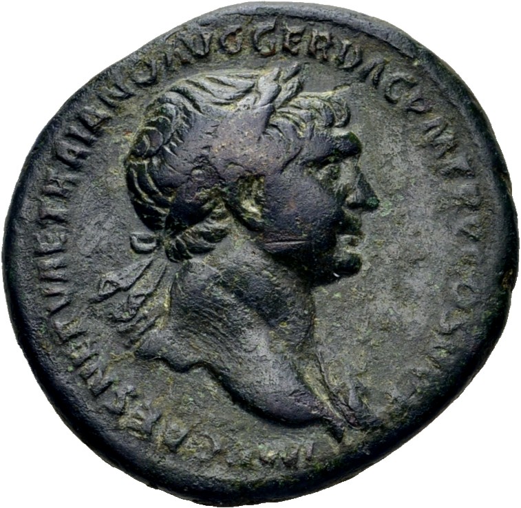 RIC II Trajan 486 (as) Trajan obverse, Bust of Trajan, laureate, draped, right