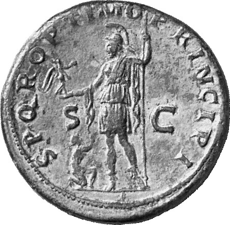 RIC II Trajan 486 (sestertius) Trajan reverse, Roma, helmeted, in military dress, standing left, holding Victory in extend...