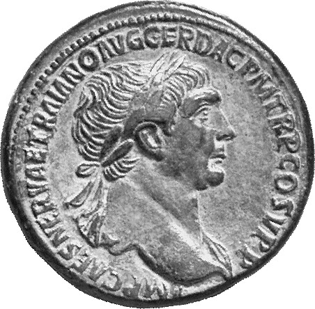 RIC II Trajan 486 (sestertius) Trajan obverse, Bust of Trajan, laureate, draped, right