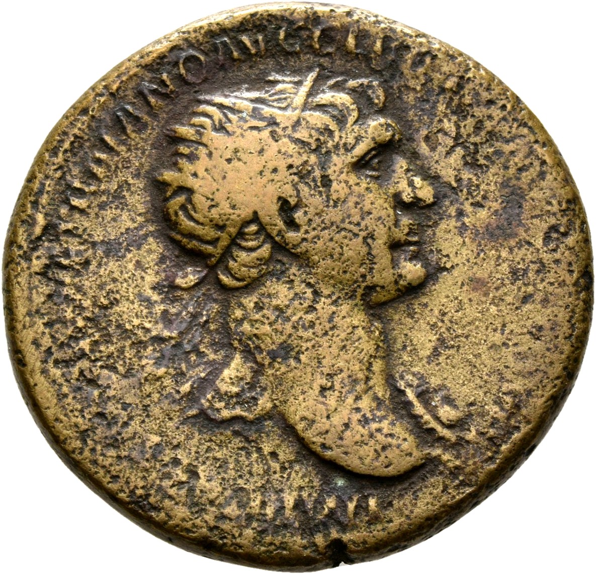 RIC II Trajan 487 Trajan obverse, Bust of Trajan, radiate, right with aegis