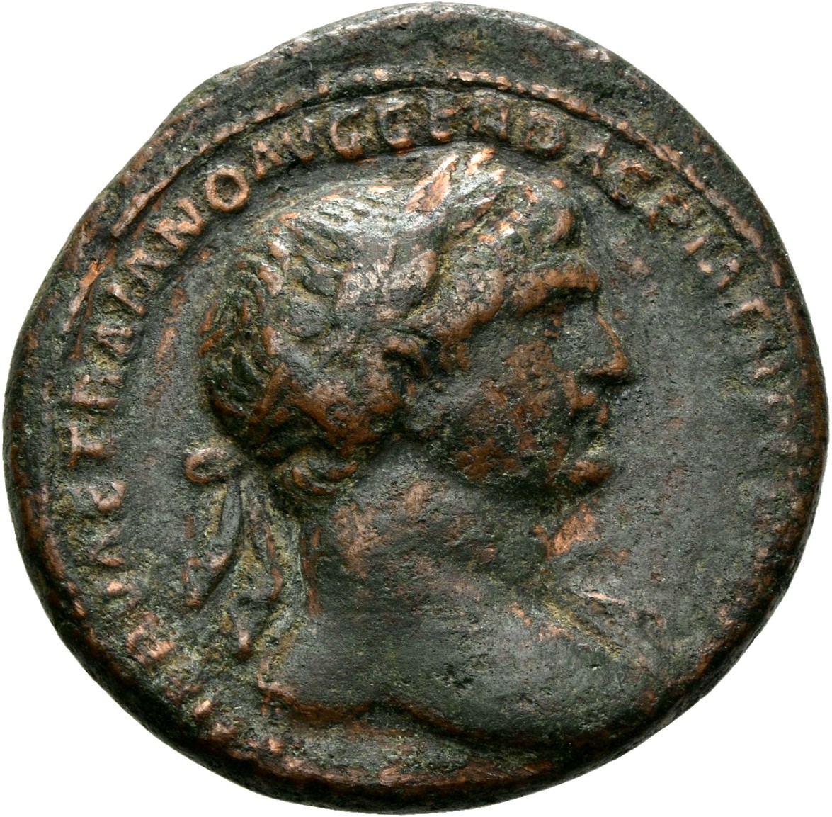 RIC II Trajan 489 (as) Trajan obverse, Bust of Trajan, laureate, draped on left shoulder, right