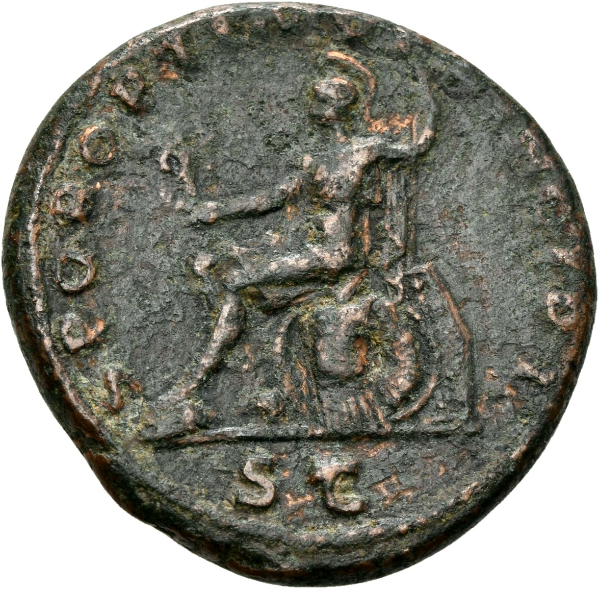 RIC II Trajan 489 (as) Trajan reverse, Roma, helmeted, in military dress, seated left on cuirass, holding Victory in exten...