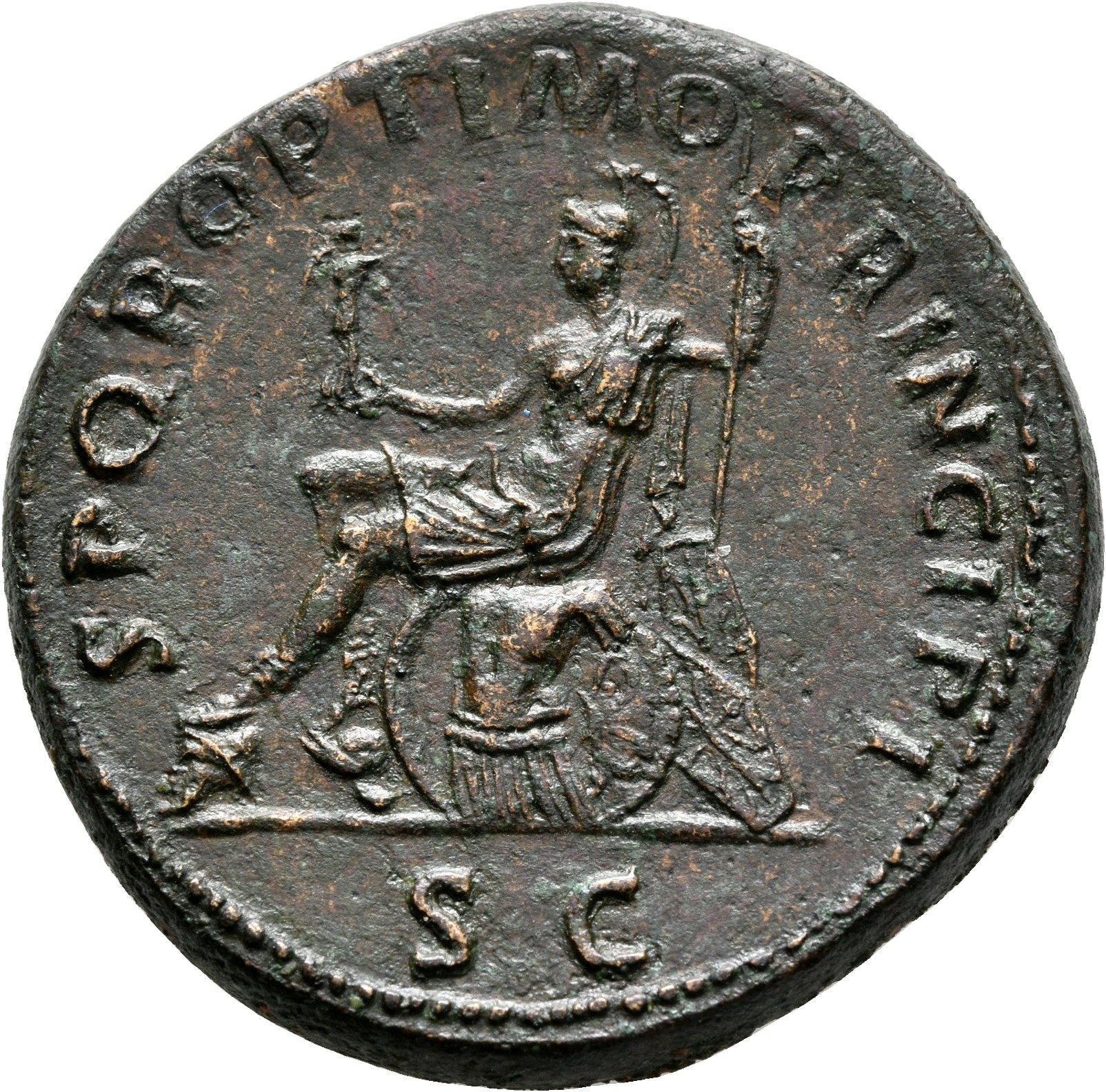 RIC II Trajan 489 (sestertius) Trajan reverse, Roma, helmeted, in military dress, seated left on cuirass, holding Victory ...