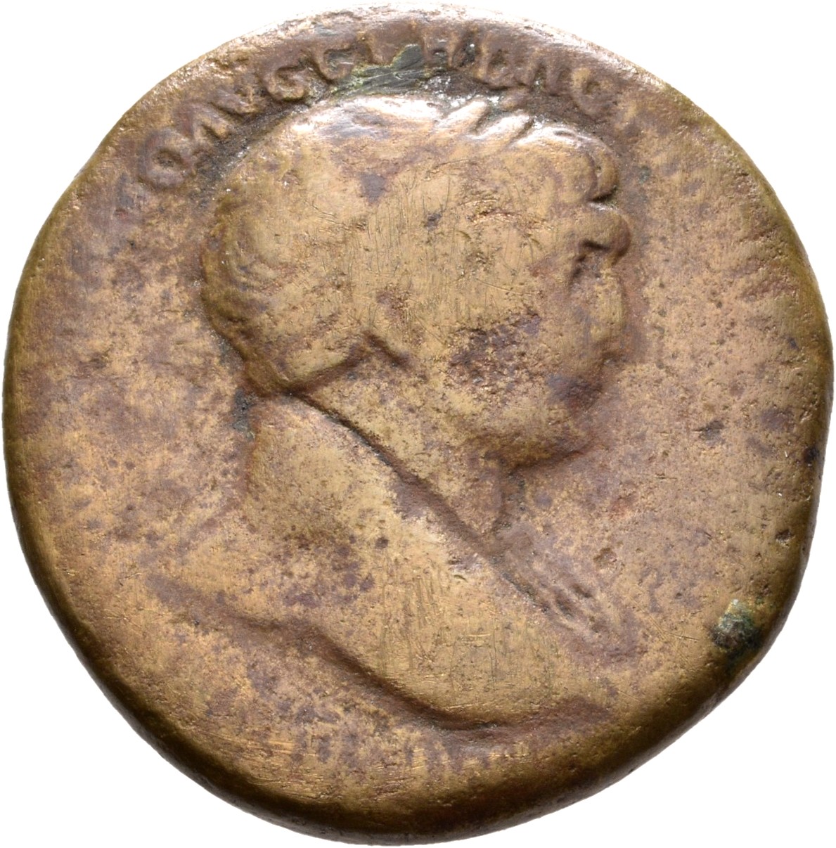RIC II Trajan 489 (sestertius) Trajan obverse, Bust of Trajan, laureate, draped on left shoulder, right