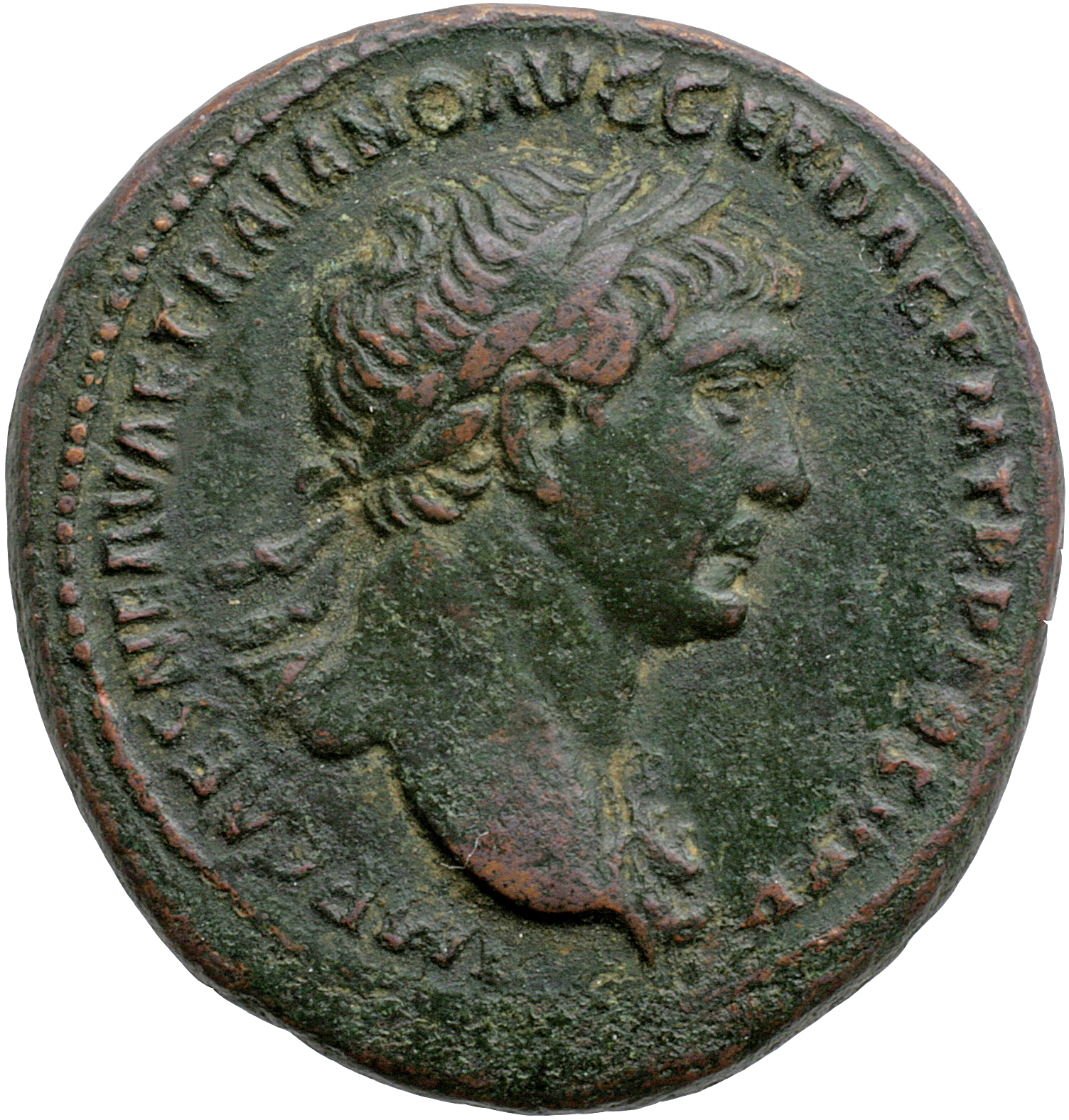 Trajan obverse — Bust of Trajan, laureate, draped on left shoulder, right