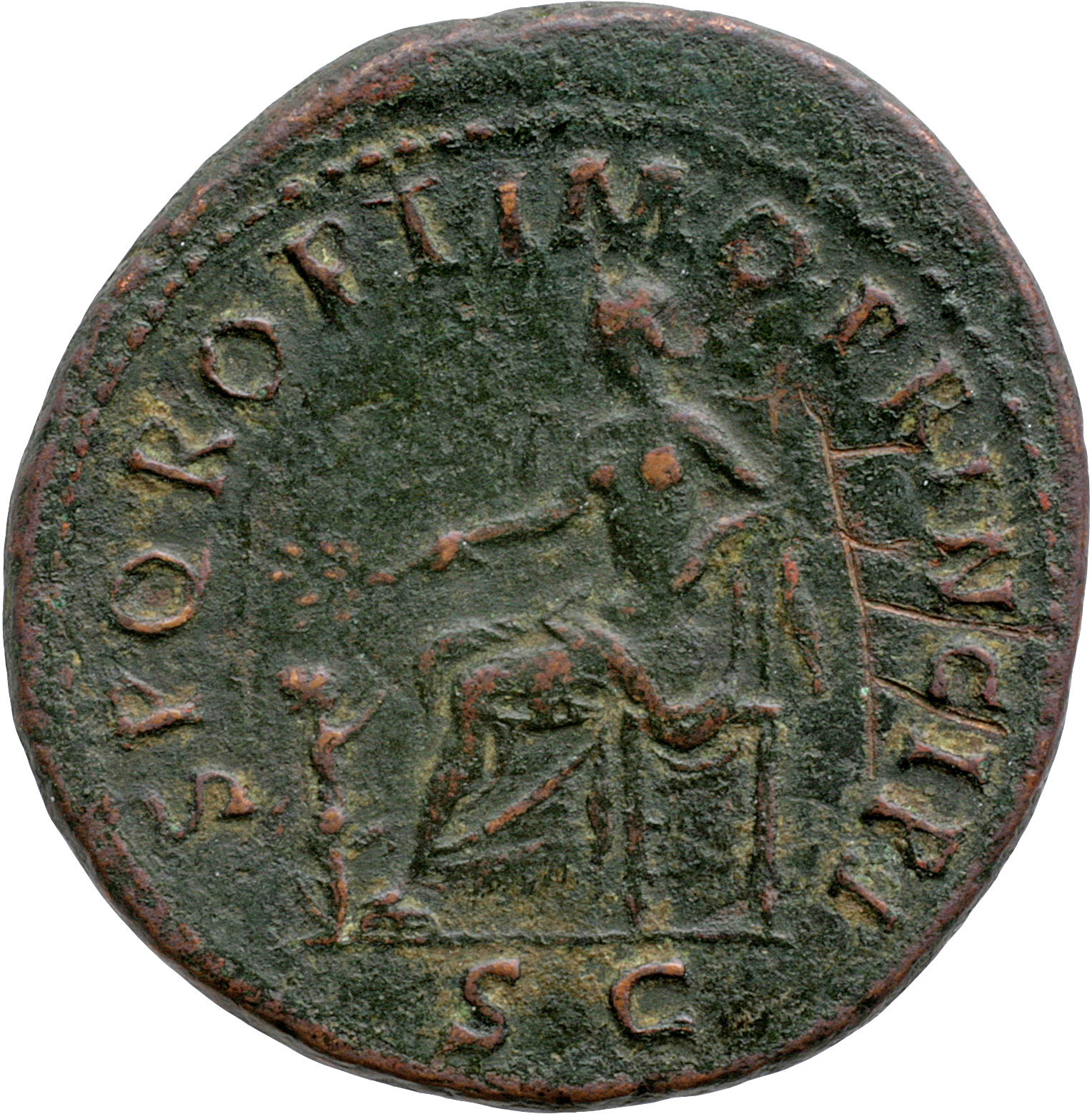 Trajan reverse — Roma, helmeted, in military dress, seated left on cuirass, holding Victory in extended right hand and vertical spear in left; left foot is on head of Dacian, right on helmet; by cuirass, three shields