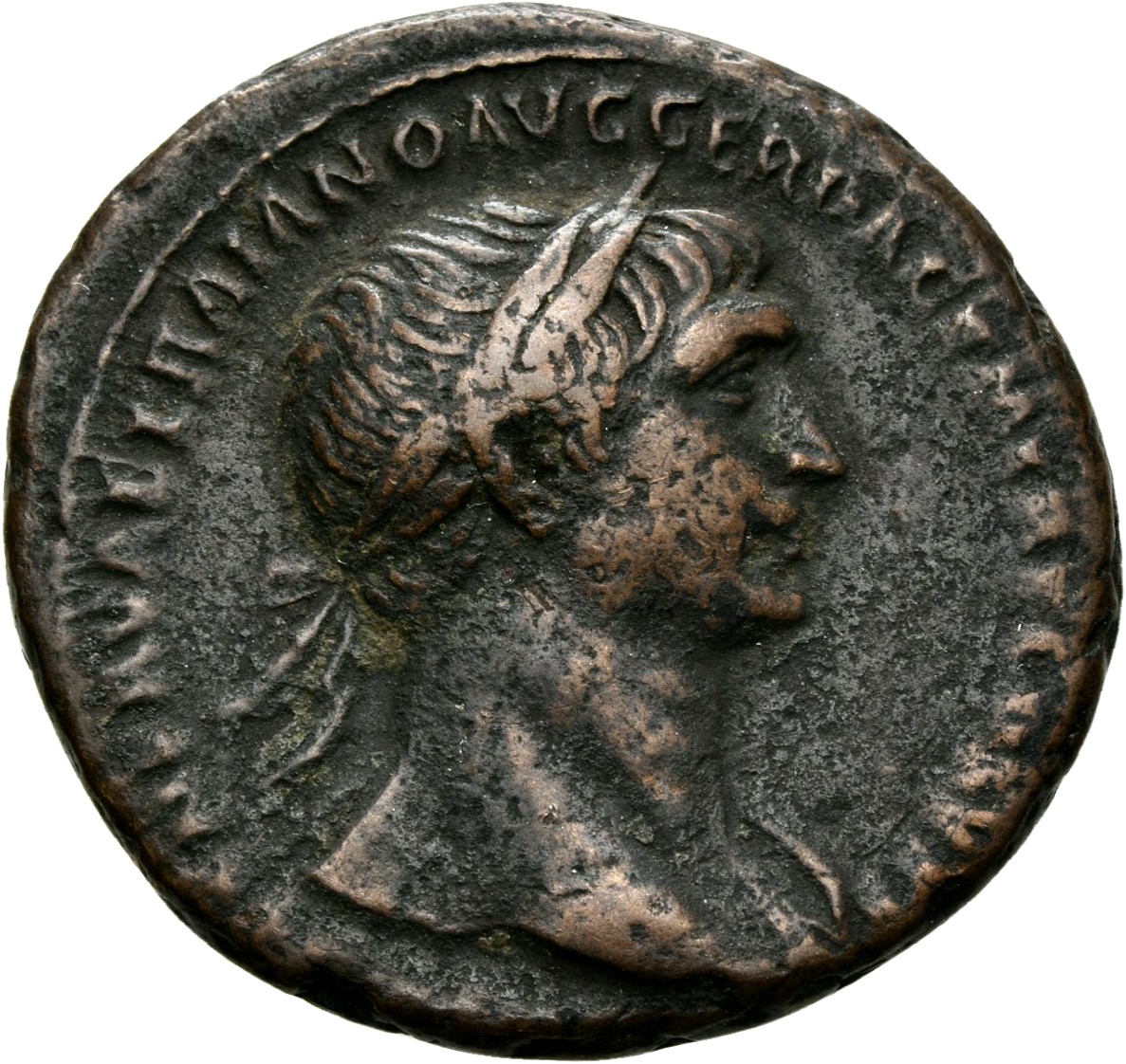 RIC II Trajan 492 (as) Trajan obverse, Bust of Trajan, laureate, draped on left shoulder, right