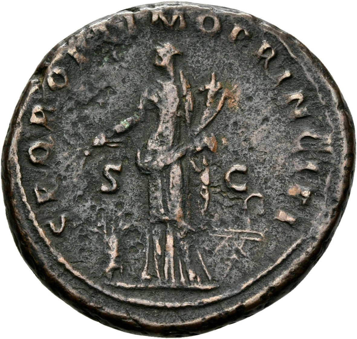 RIC II Trajan 492 (as) Trajan reverse, Abundantia, draped, standing left, holding two corn-ears in right hand over modius ...