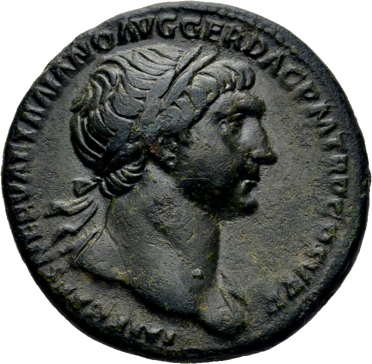 RIC II Trajan 492 (as) Trajan obverse, Bust of Trajan, laureate, draped on left shoulder, right
