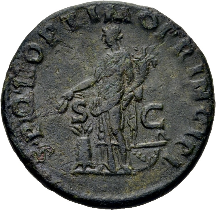 RIC II Trajan 492 (as) Trajan reverse, Abundantia, draped, standing left, holding two corn-ears in right hand over modius ...