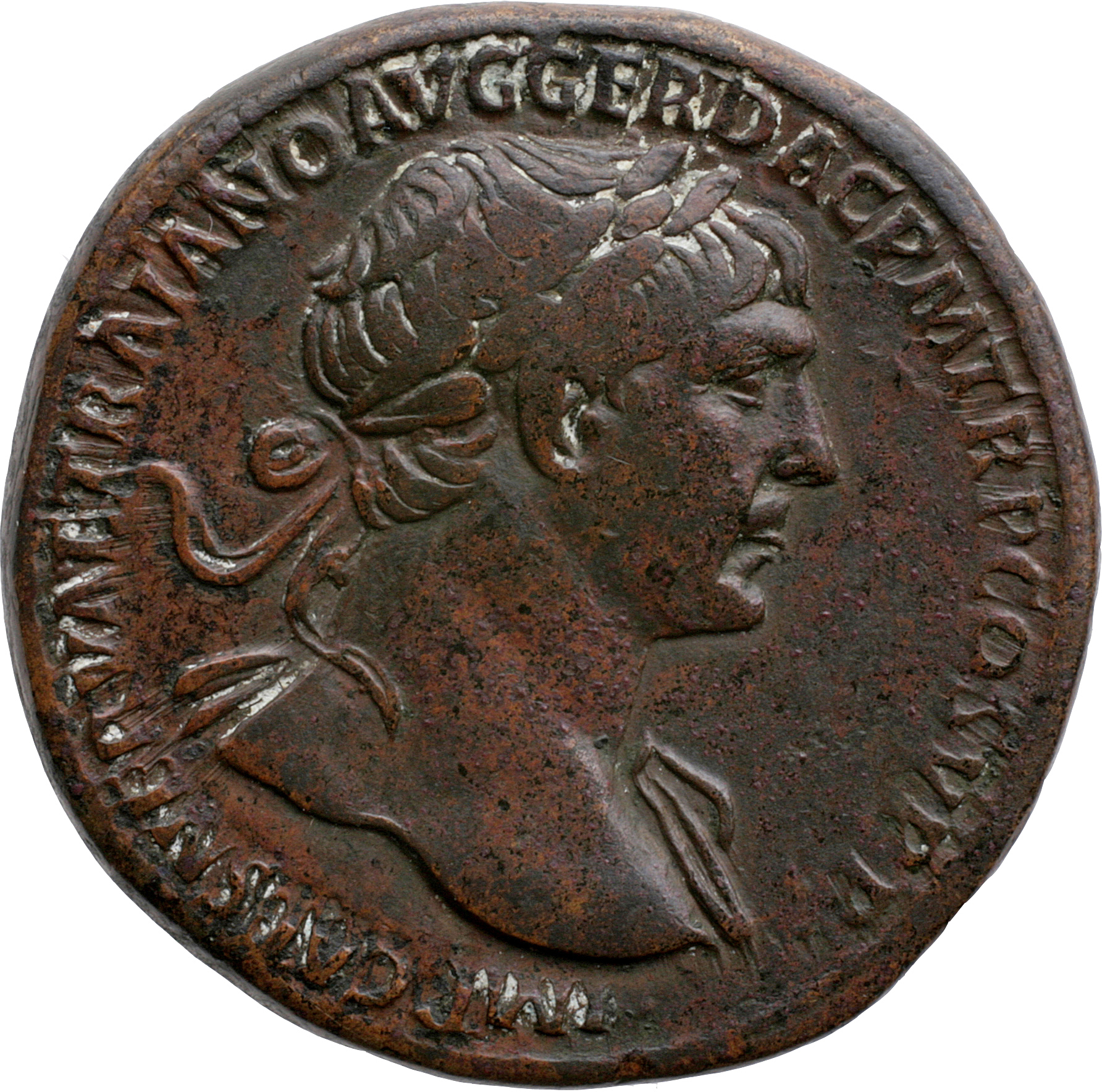 Trajan obverse — Bust of Trajan, laureate, draped on left shoulder, right
