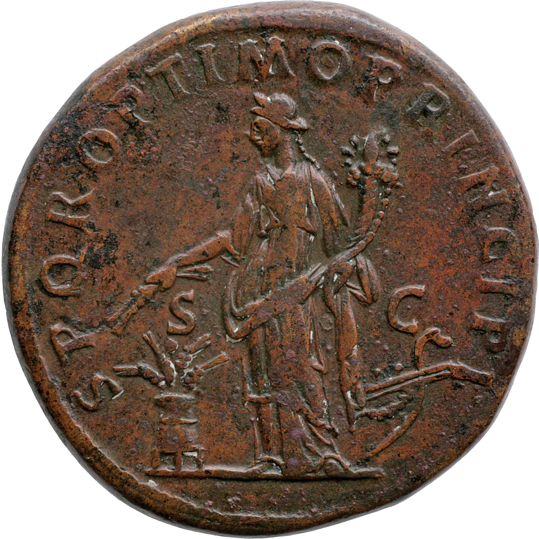 Trajan reverse — Abundantia, draped, standing left, holding two corn-ears in right hand over modius with corn-ears left, and cornucopiae in left hand; to right, prow of ship