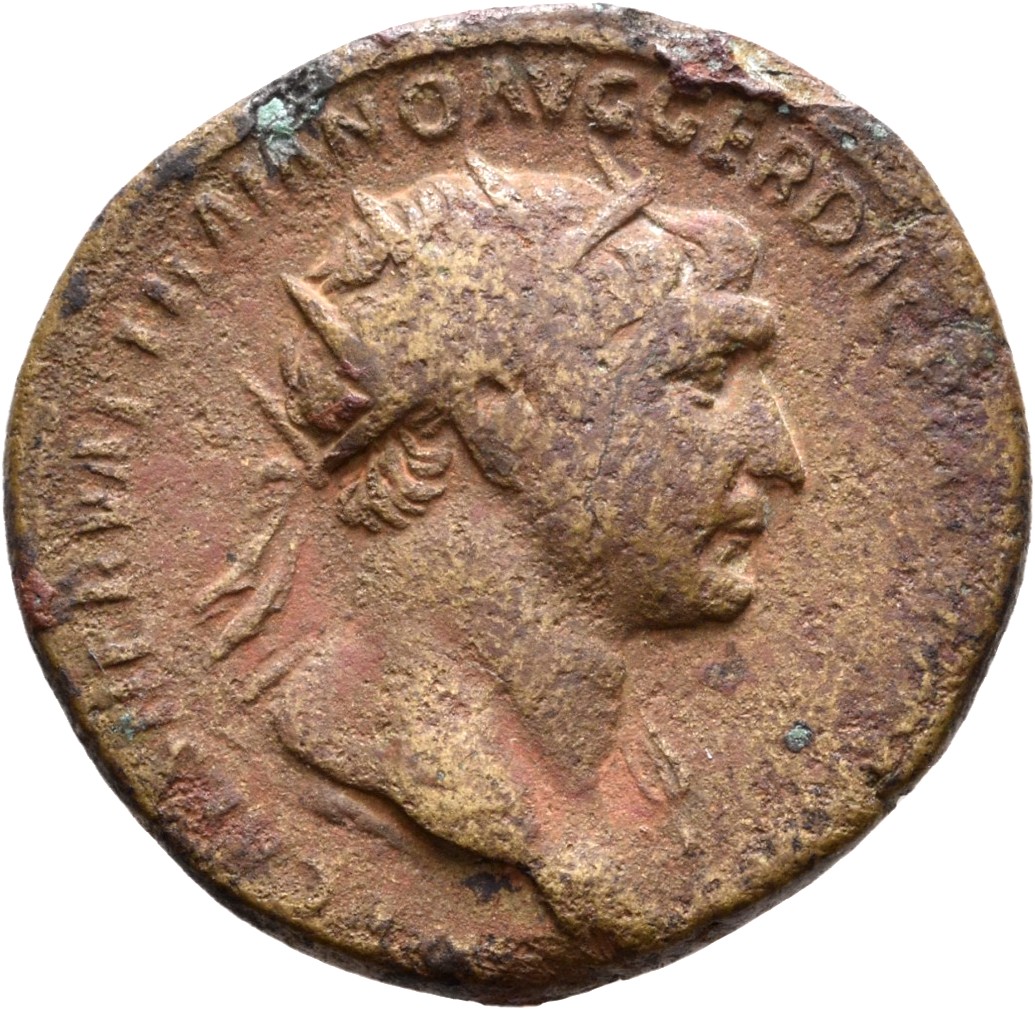 RIC II Trajan 494 Trajan obverse, Bust of Trajan, radiate, draped on left shoulder, right