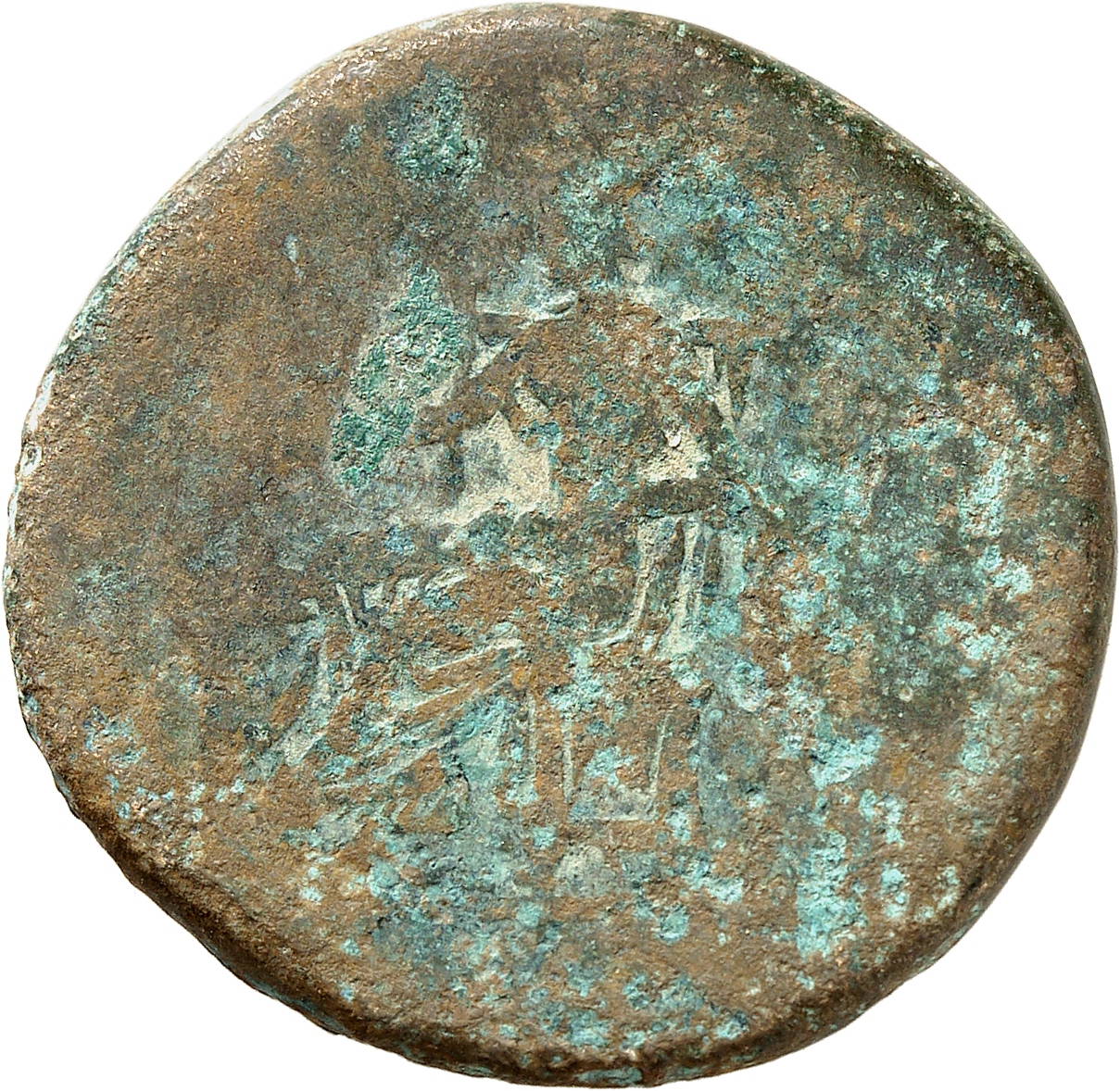 RIC II Trajan 499 Trajan reverse, Felicitas seated left, resting right foot on stool, holding winged caduceus in right han...
