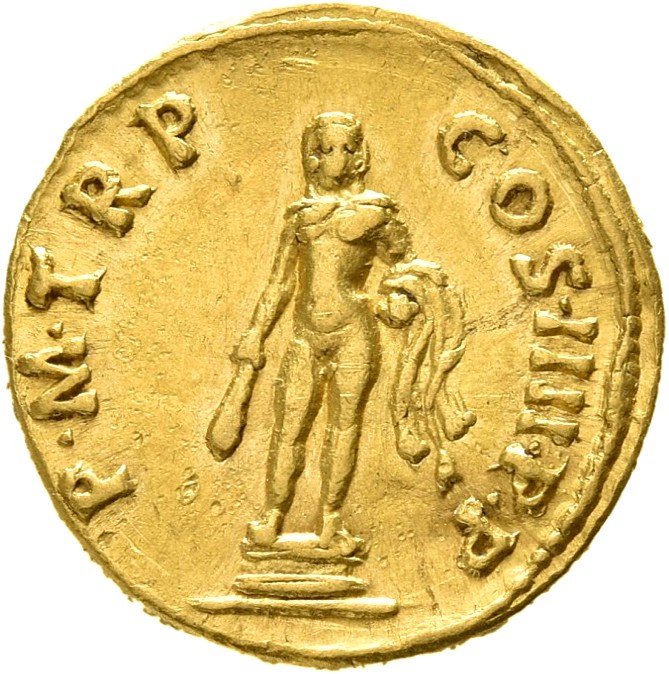 RIC II Trajan 49 (aureus) Trajan reverse, Hercules, naked, standing front on low base, holding club downwards in right han...