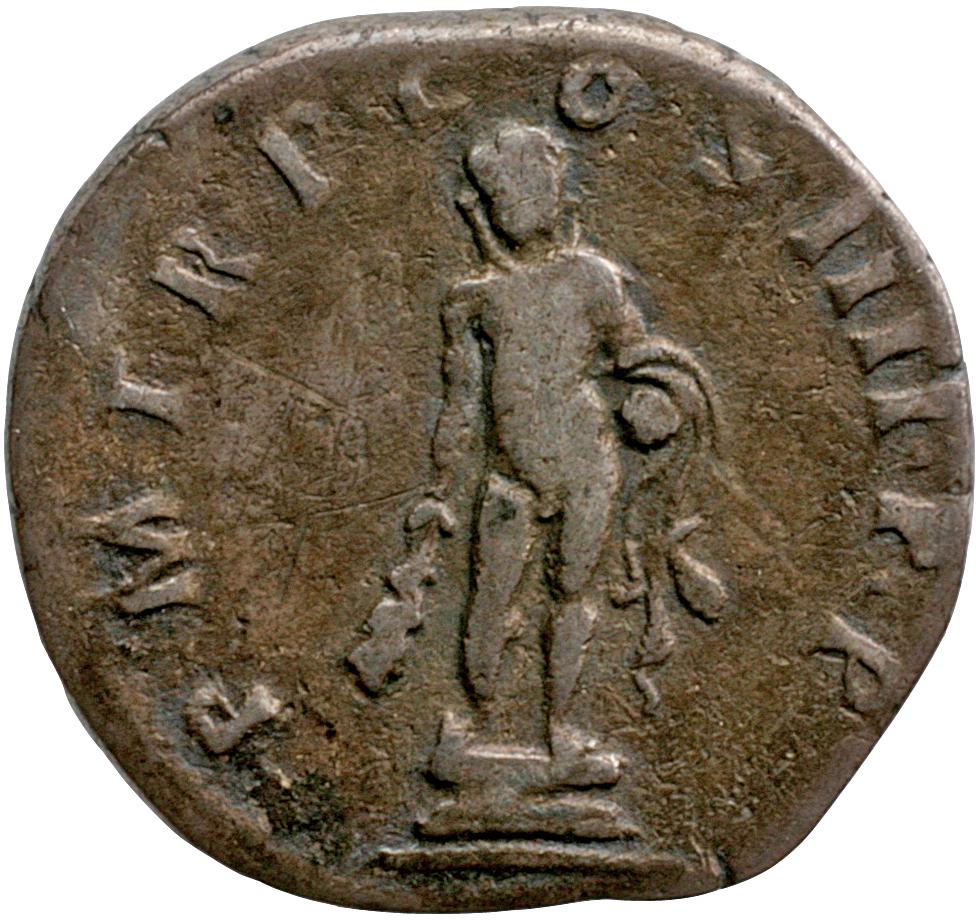 Trajan reverse — Hercules, naked, standing front on low base, holding club downwards in right hand and lion-skin over left arm