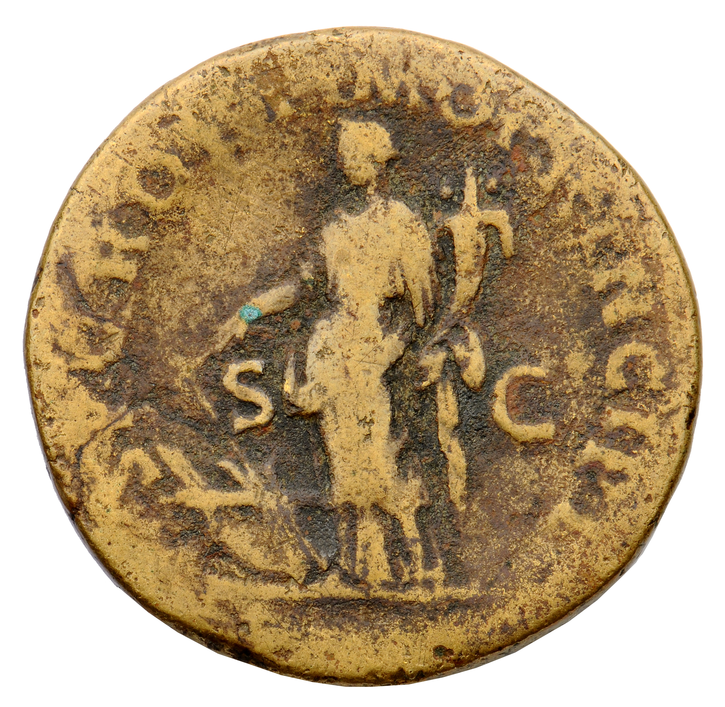 RIC II Trajan 500 (sestertius) Trajan reverse, Fortuna, draped, standing left, holding rudder in front of prow in right ha...