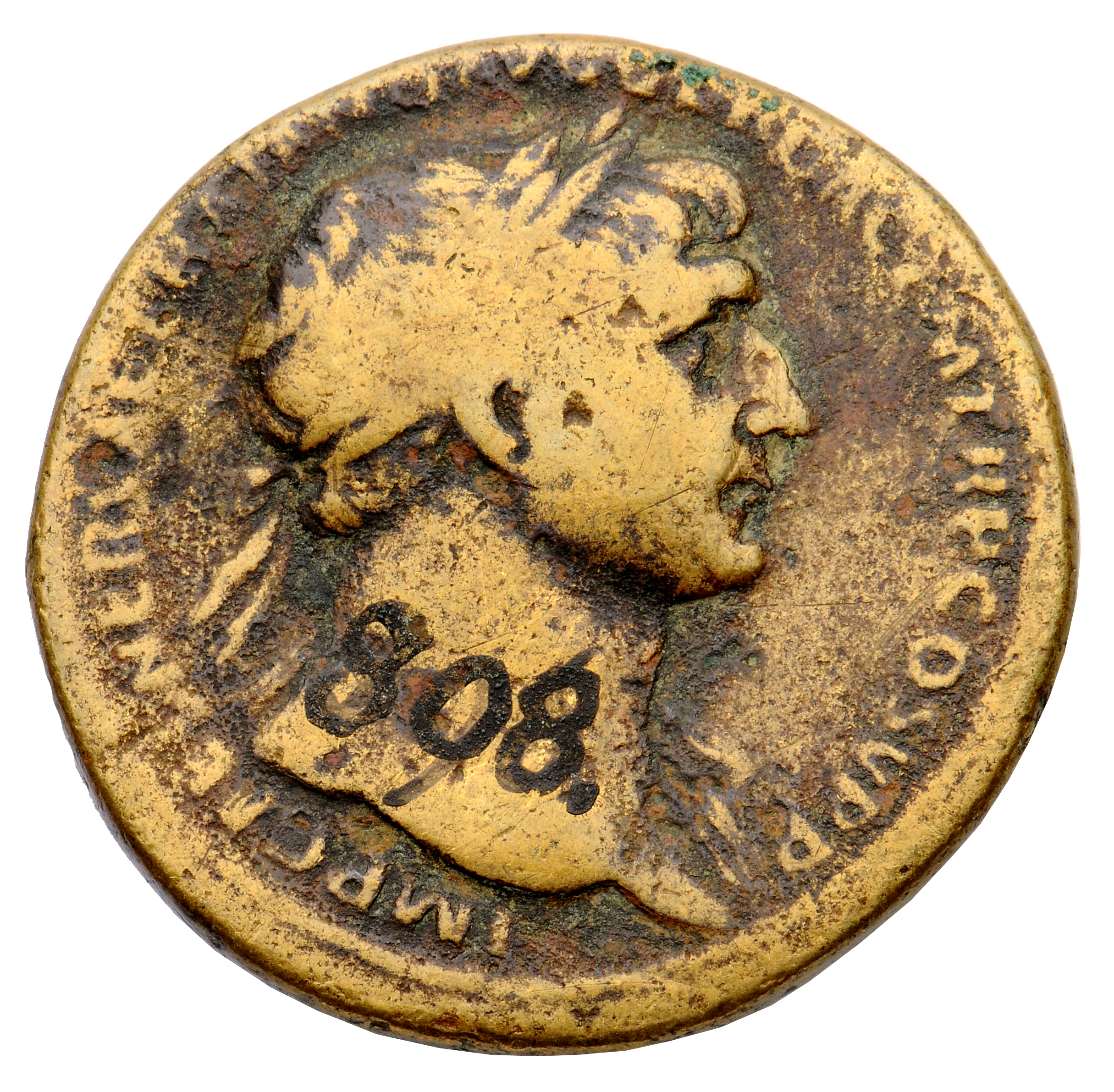 RIC II Trajan 500 (sestertius) Trajan obverse, Bust of Trajan, laureate, draped on left shoulder, right