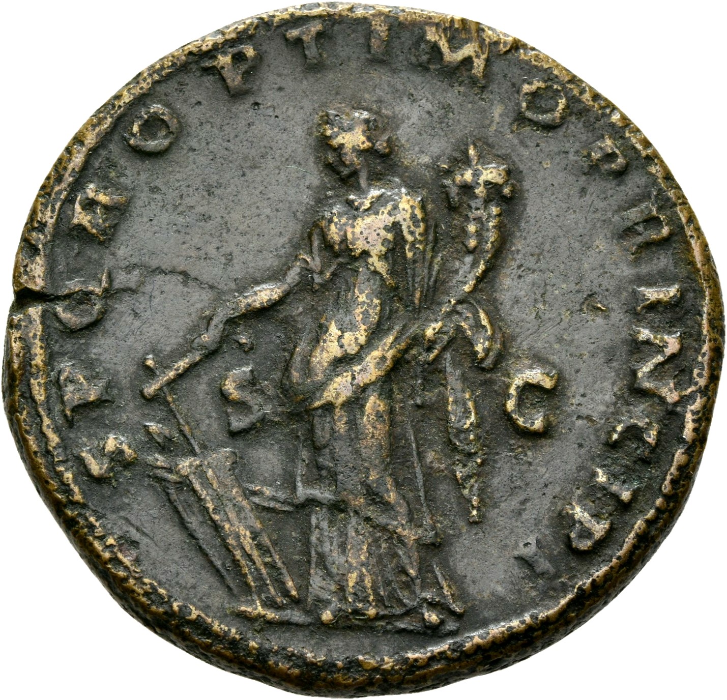 RIC II Trajan 501 Trajan reverse, Fortuna, draped, standing left, holding rudder in front of prow in right hand and cornuc...
