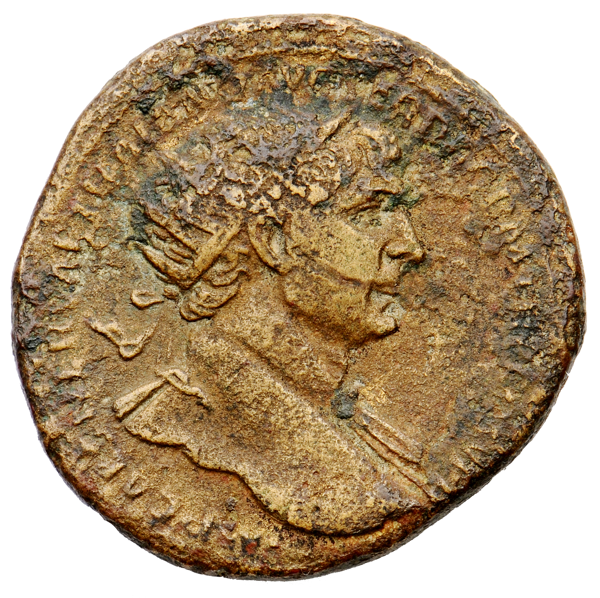 Trajan obverse — Bust of Trajan, radiate, draped on left shoulder, right