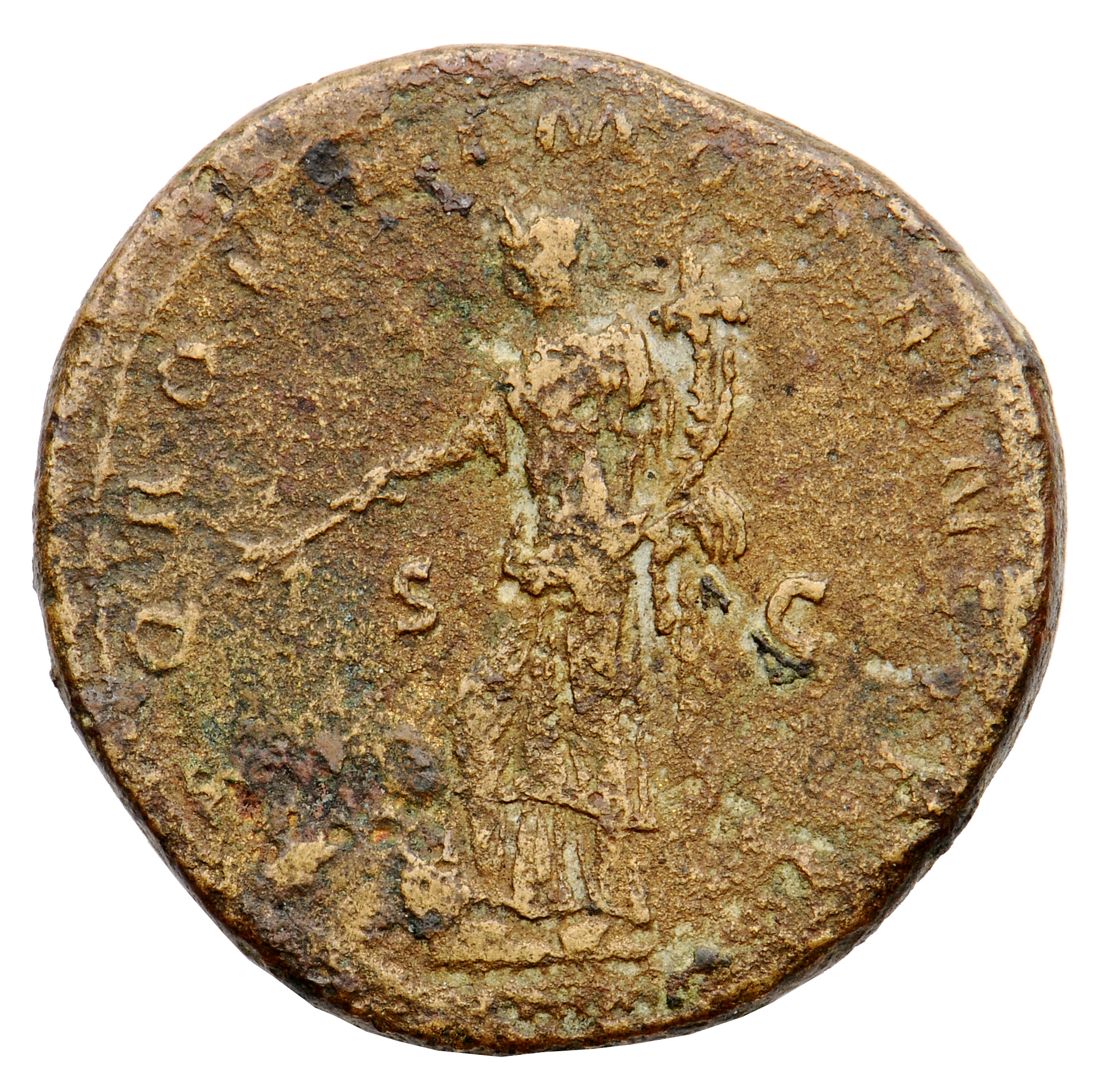 Trajan reverse — Fortuna, draped, standing left, holding rudder in front of prow in right hand and cornucopiae in left (sometimes there is no prow)