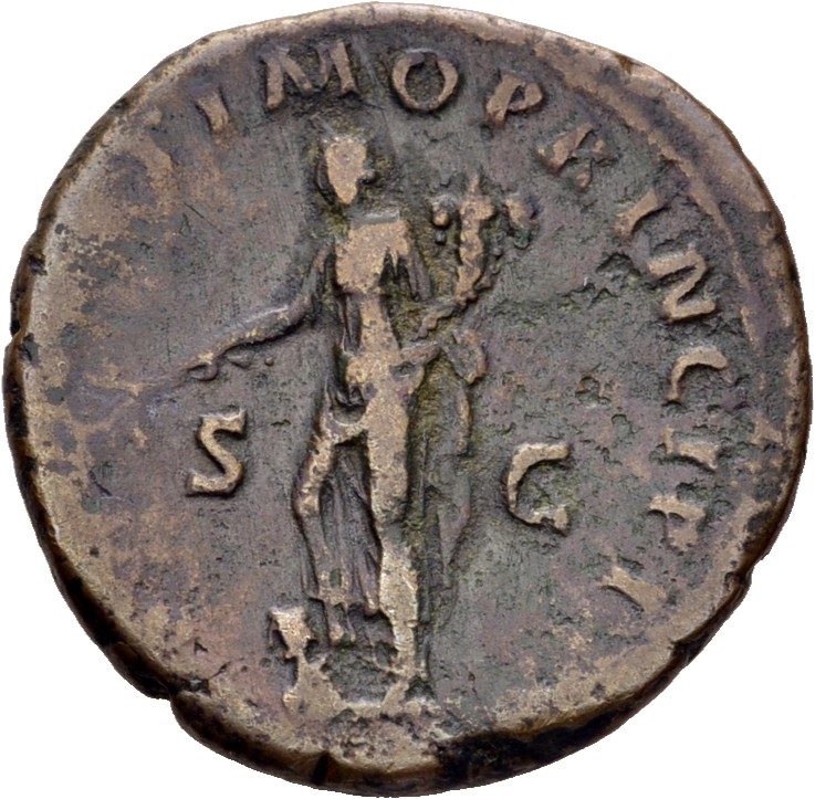 RIC II Trajan 503 (as) Trajan reverse, Pax, draped, standing left, holding branch out and downwards in right hand and corn...