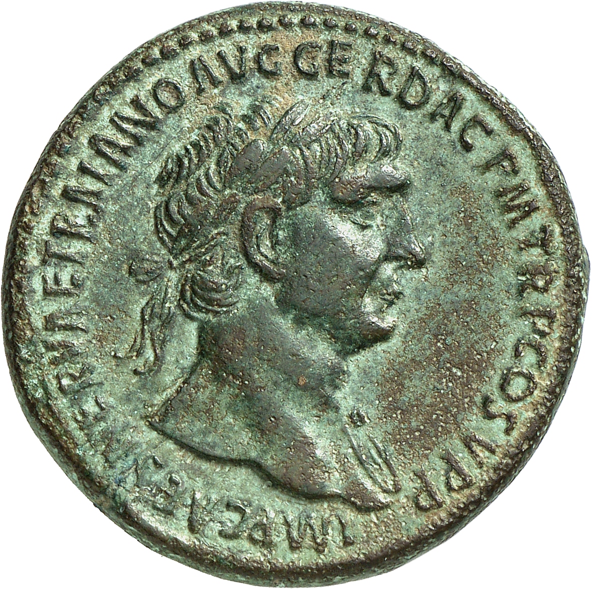 RIC II Trajan 503 (sestertius) Trajan obverse, Bust of Trajan, laureate, right (sometimes with aegis)