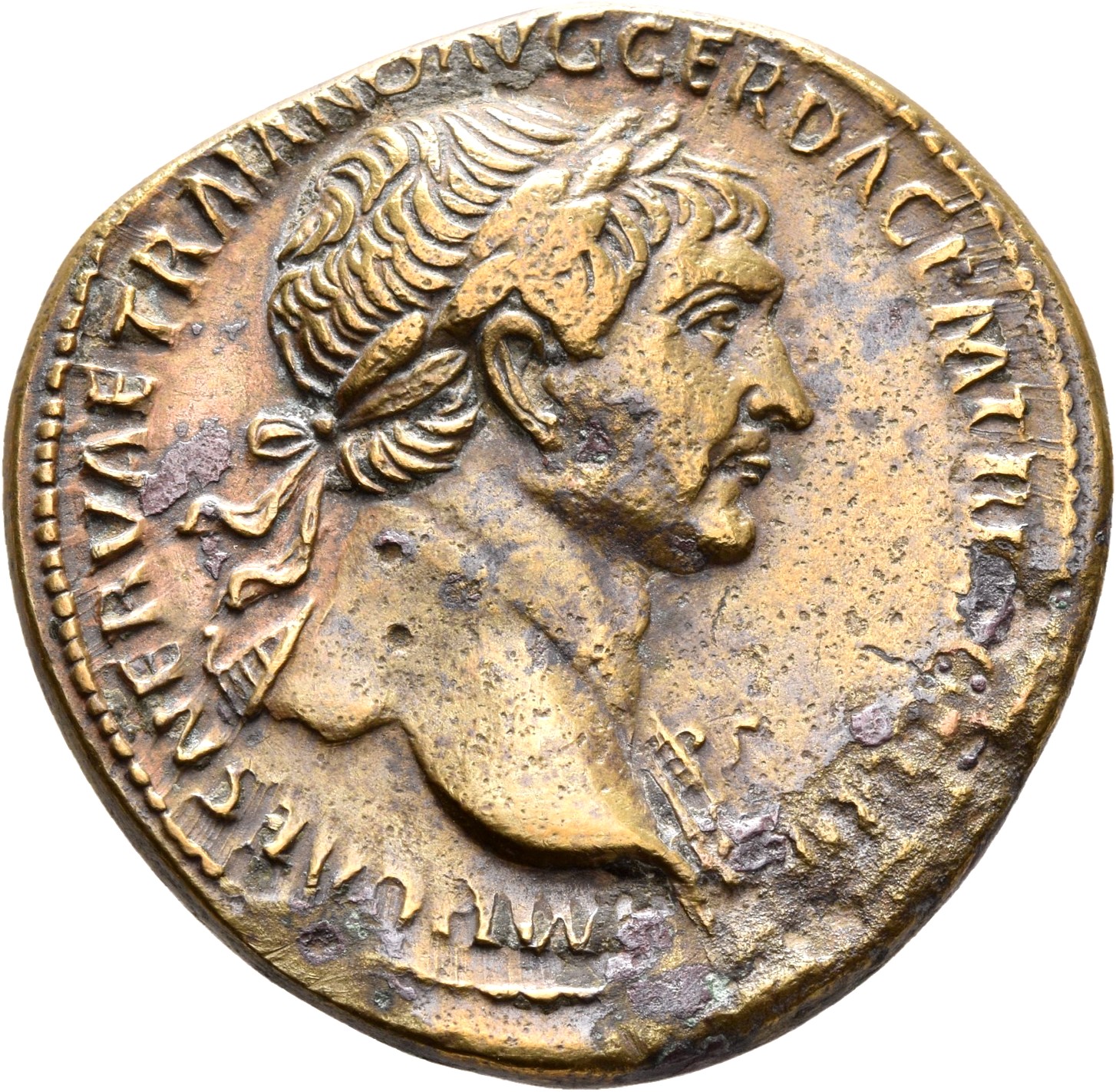 RIC II Trajan 503 (sestertius) Trajan obverse, Bust of Trajan, laureate, right (sometimes with aegis)
