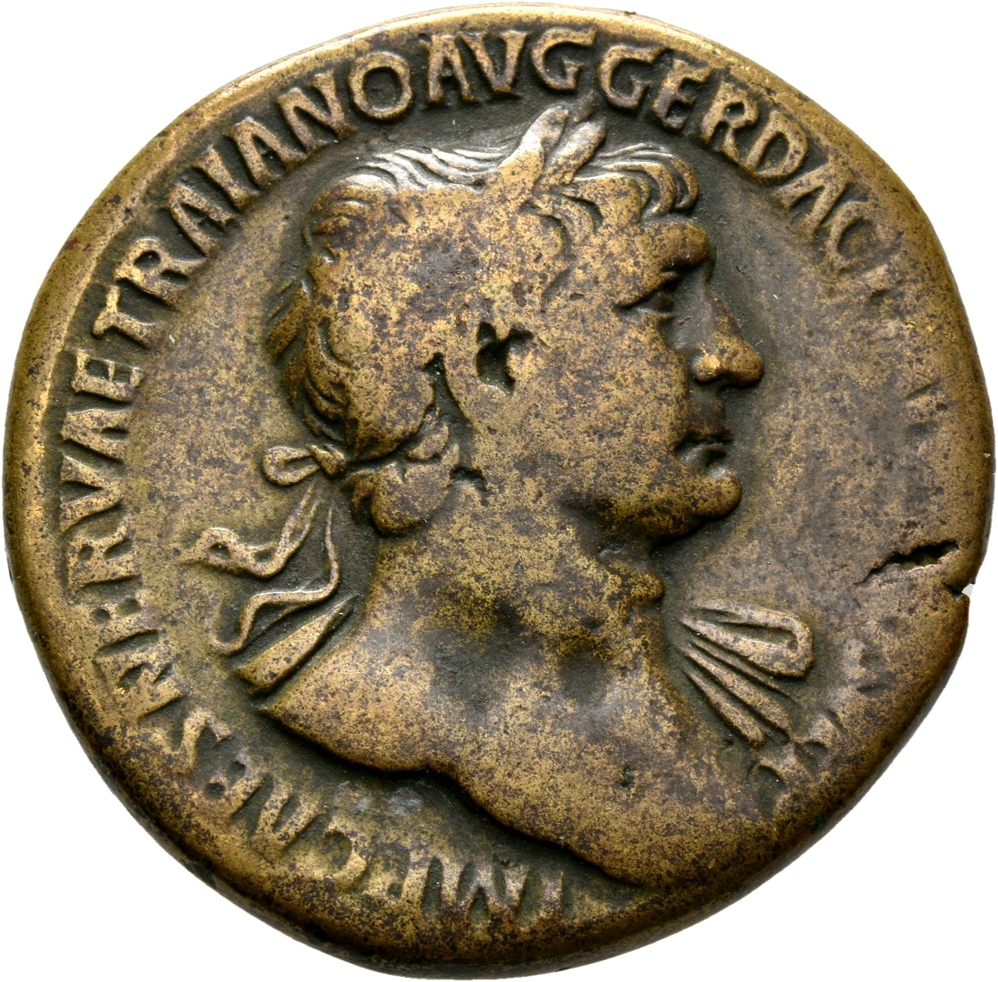 RIC II Trajan 504 Trajan obverse, Bust of Trajan, laureate, draped, cuirassed, right